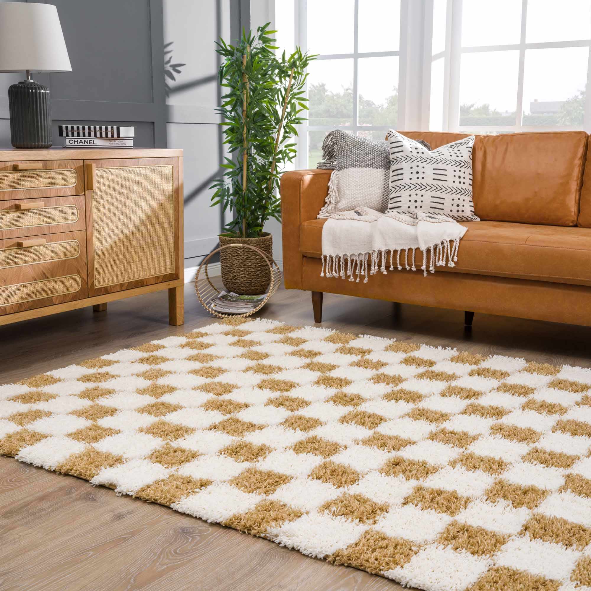 Astra Area Rug  Mustard Checkered, Plush Pile, Machine Woven