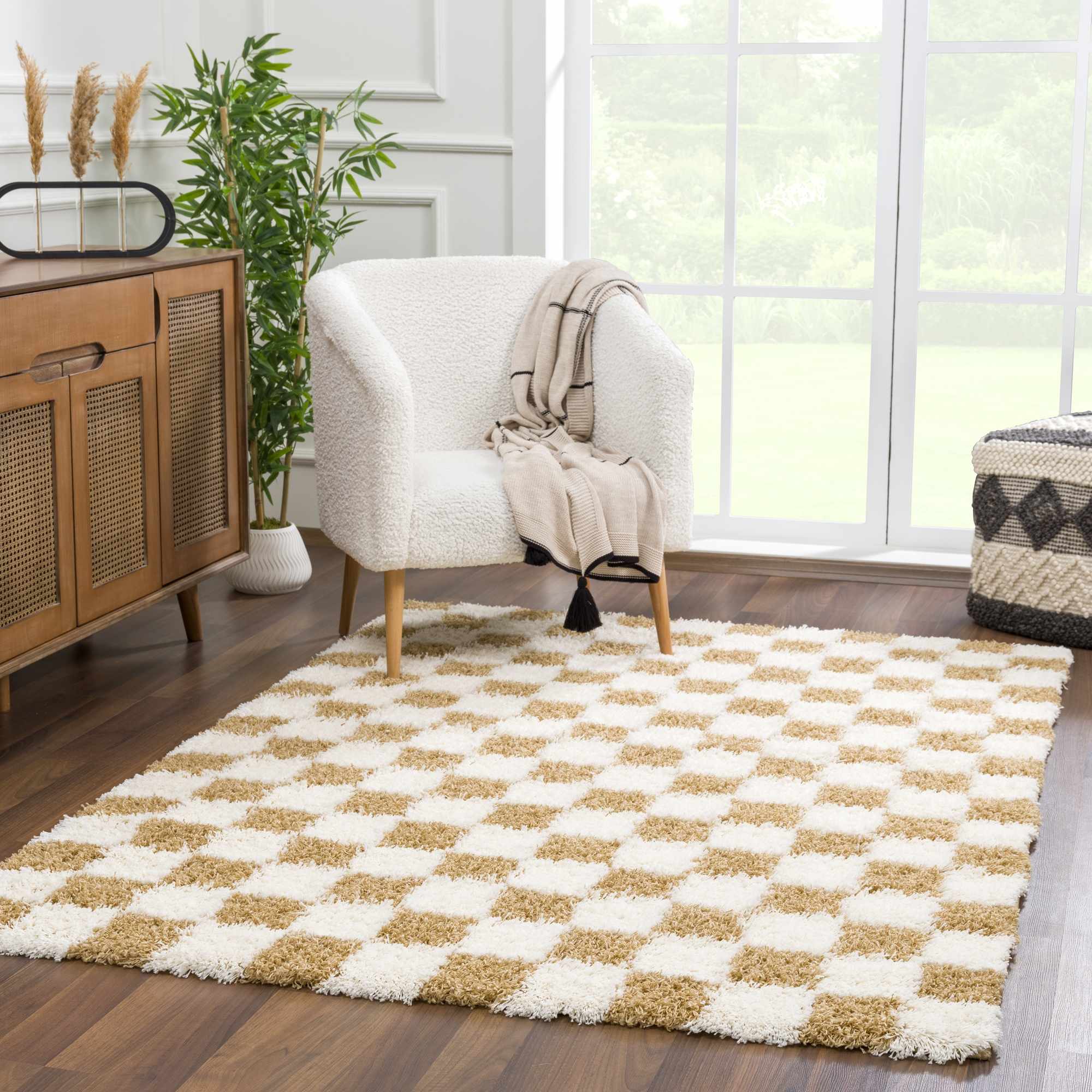 Astra Area Rug  Mustard Checkered, Plush Pile, Machine Woven