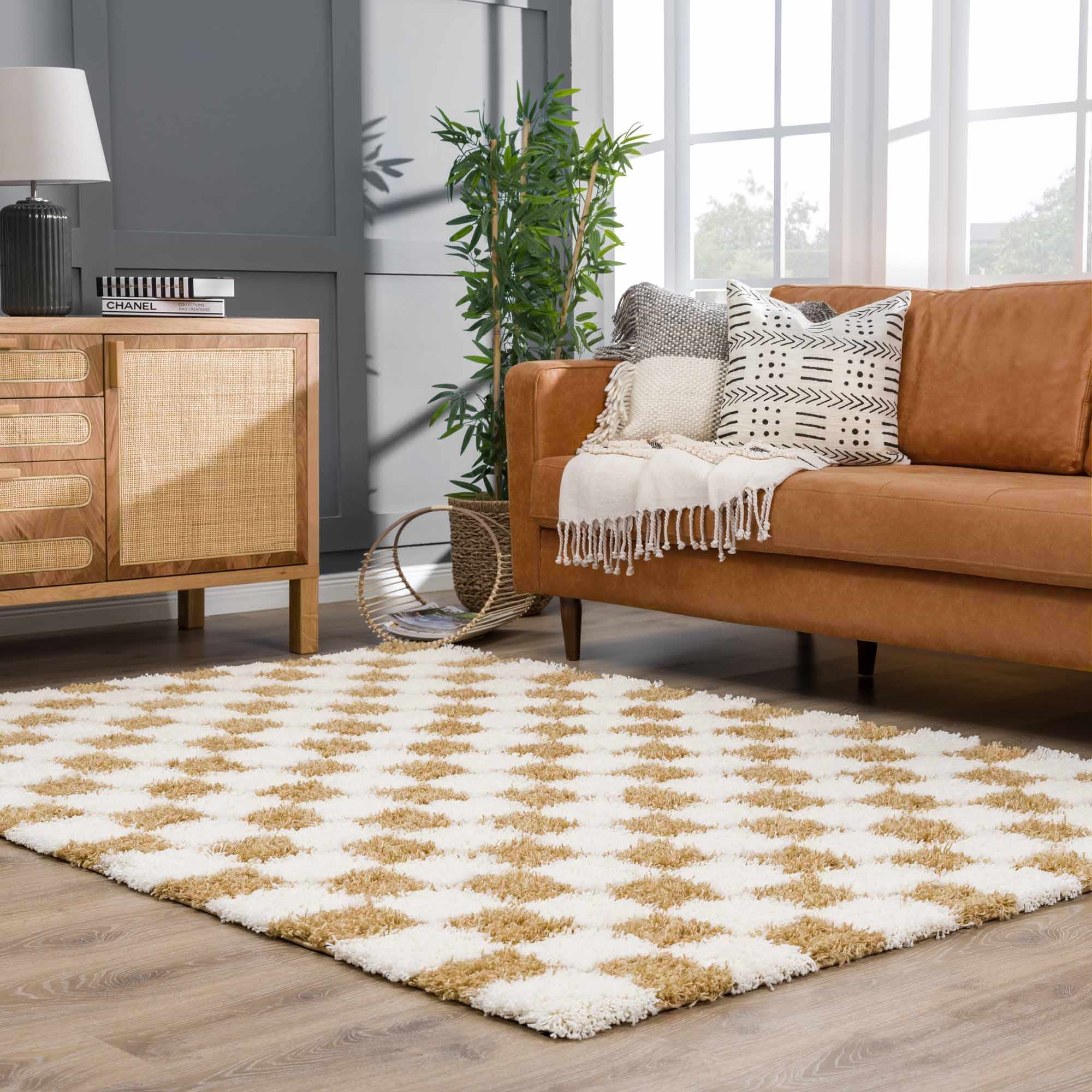 Astra Area Rug  Mustard Checkered, Plush Pile, Machine Woven
