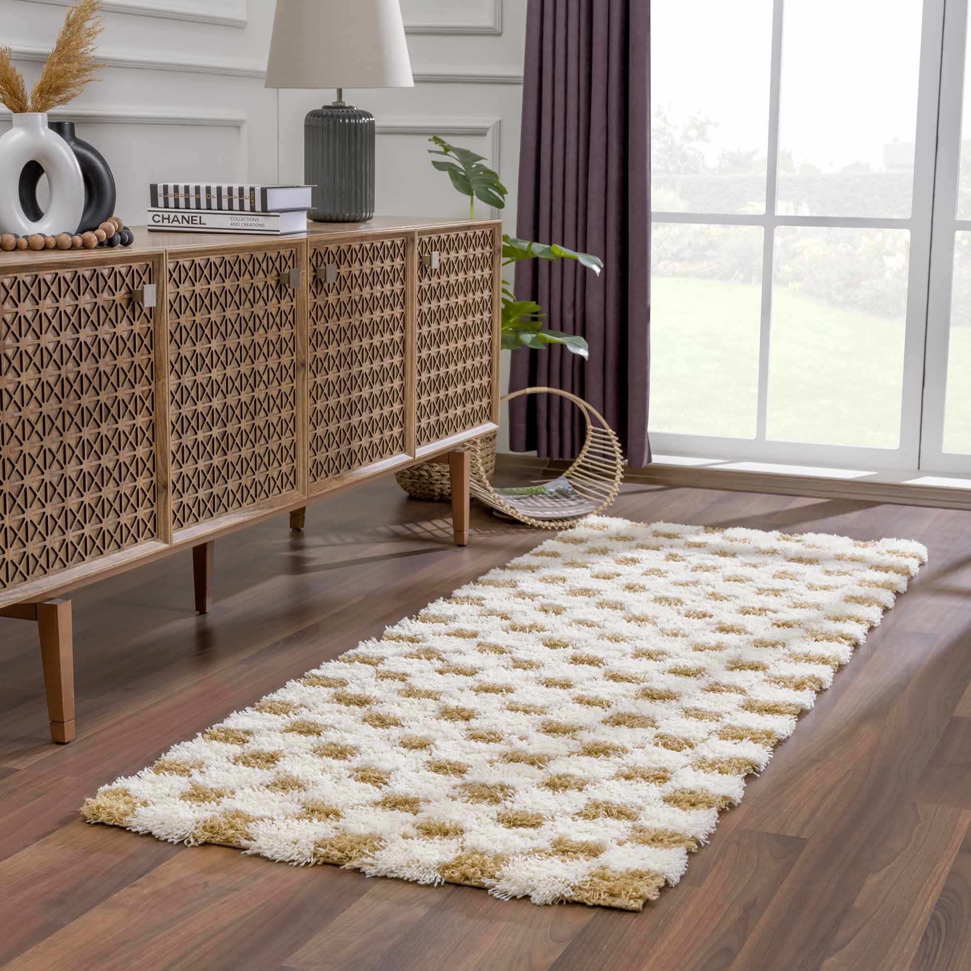 Astra Area Rug  Mustard Checkered, Plush Pile, Machine Woven
