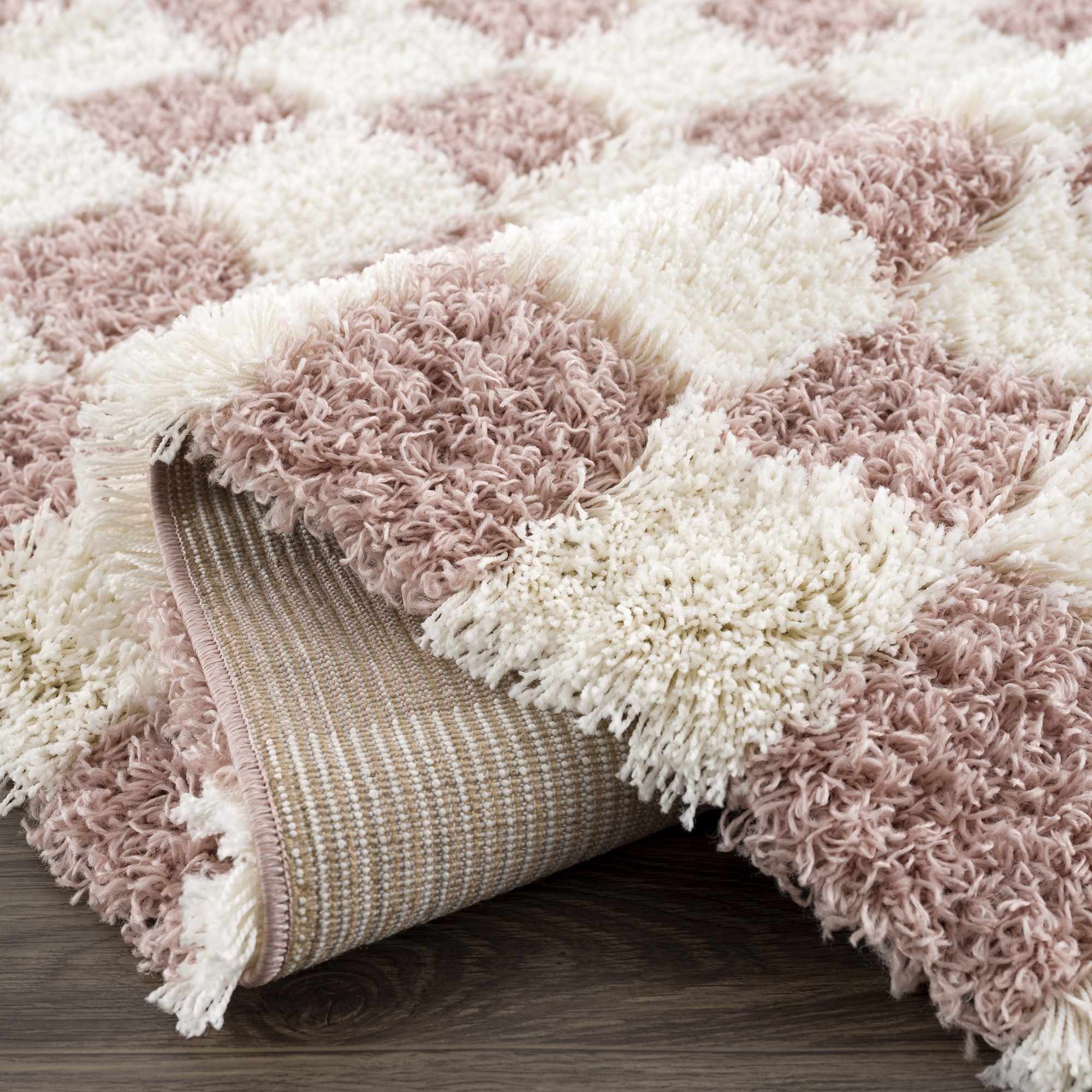 Avara Shag Rug  Plush Pile, Machine Woven, Pink Checkered