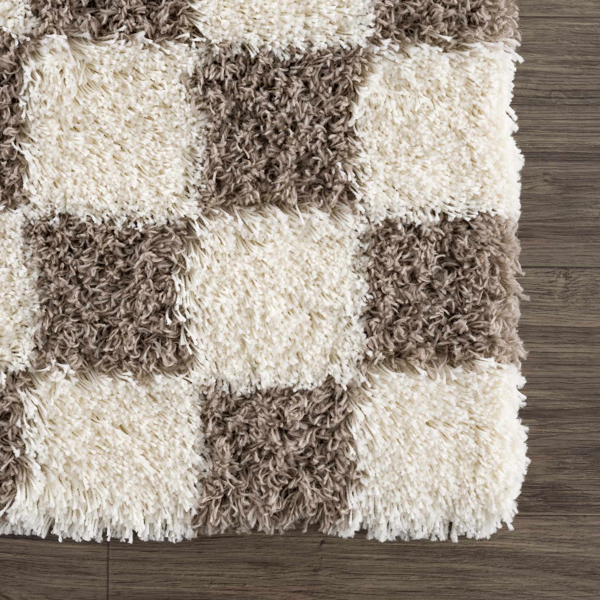 Bello Area Rug  Plush Pile, Machine Woven, Brown Checkered