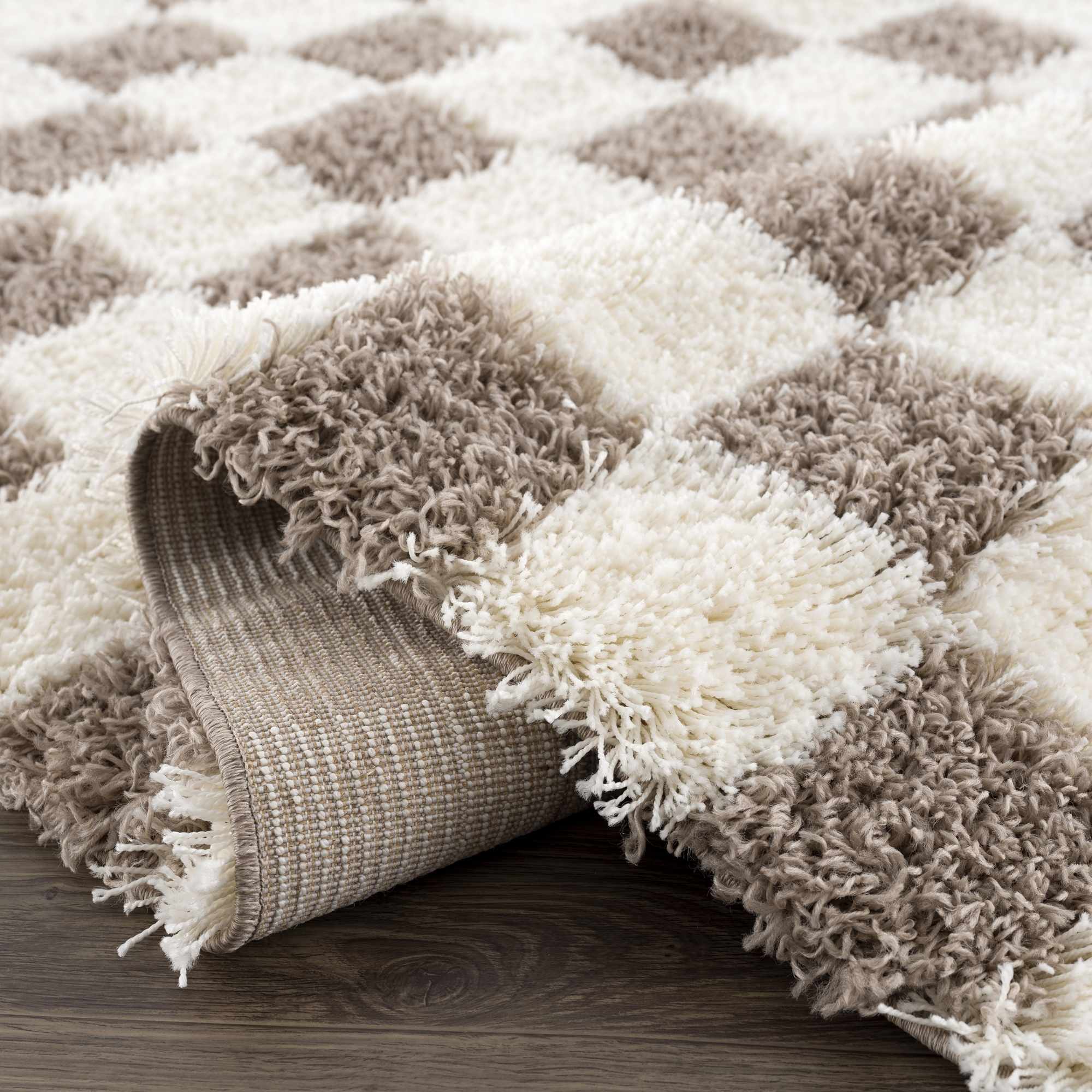 Bello Area Rug  Plush Pile, Machine Woven, Brown Checkered