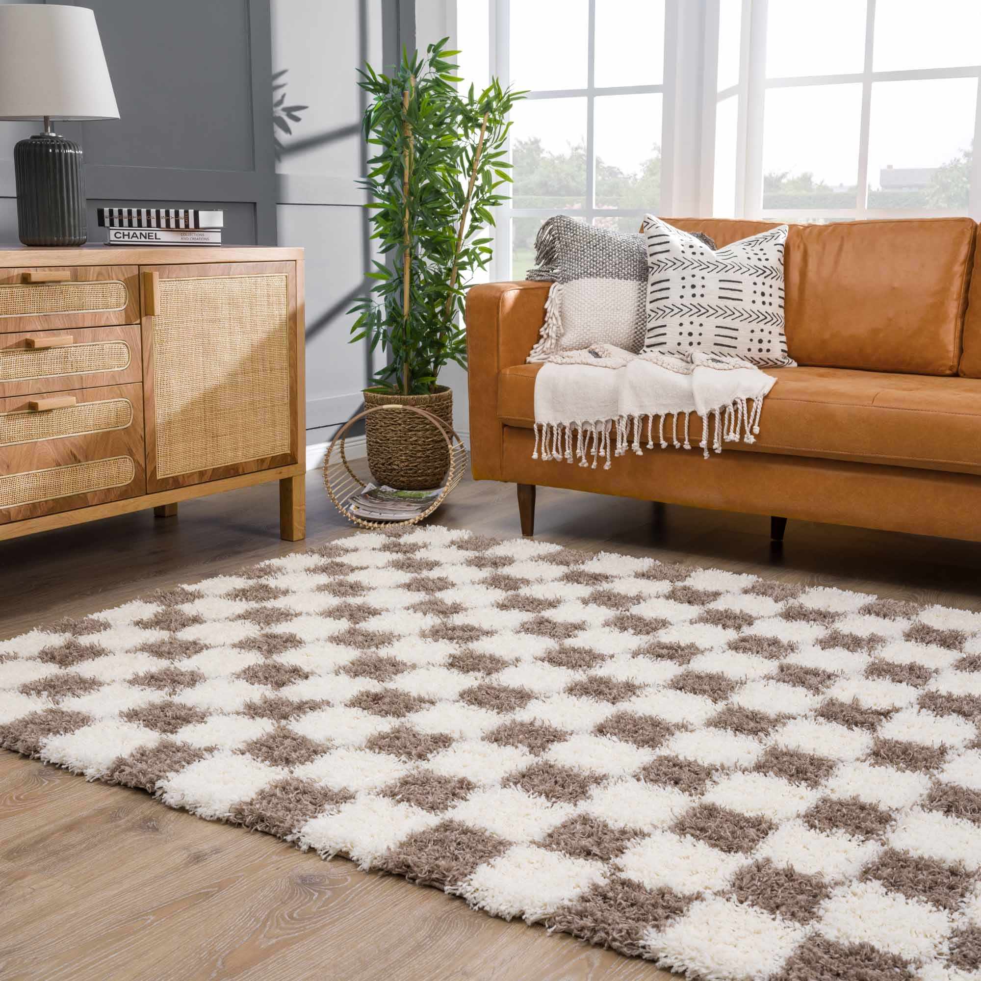 Bello Area Rug  Plush Pile, Machine Woven, Brown Checkered
