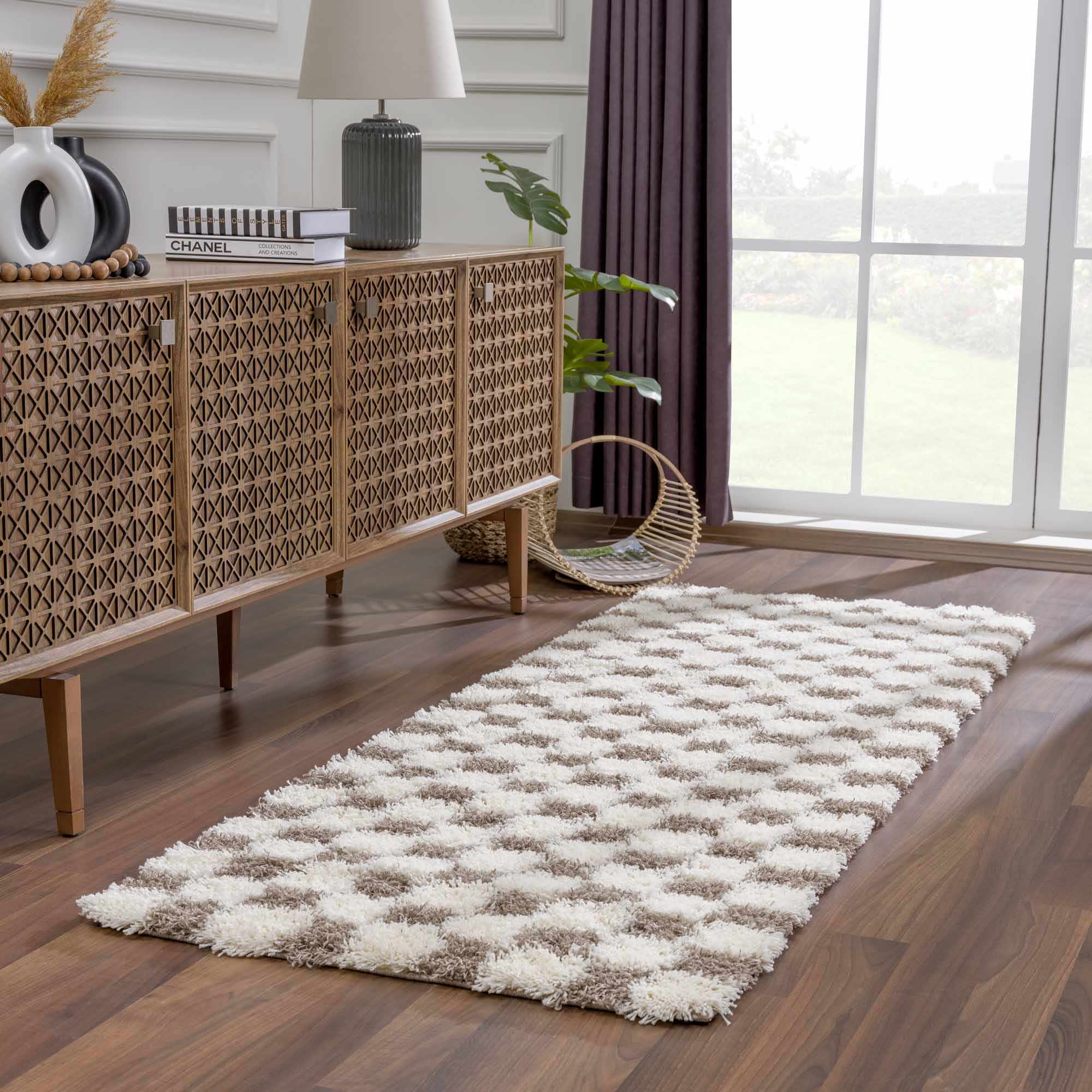 Bello Area Rug  Plush Pile, Machine Woven, Brown Checkered