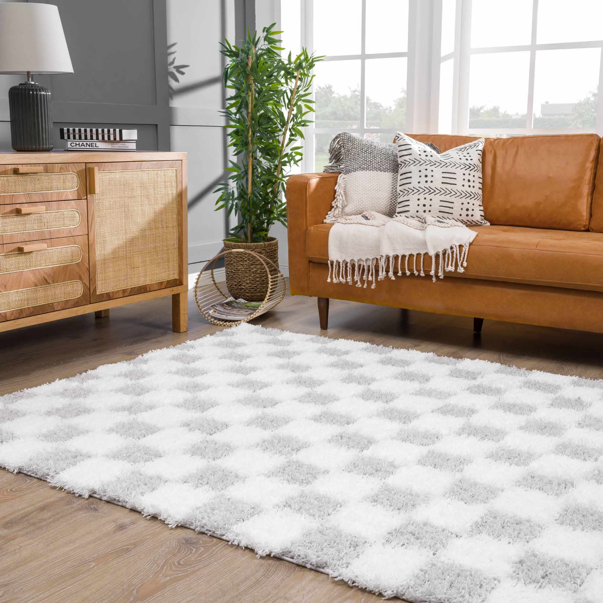 Bristol Area Rug  Gray Checkered  Plush Pile, Contemporary Style