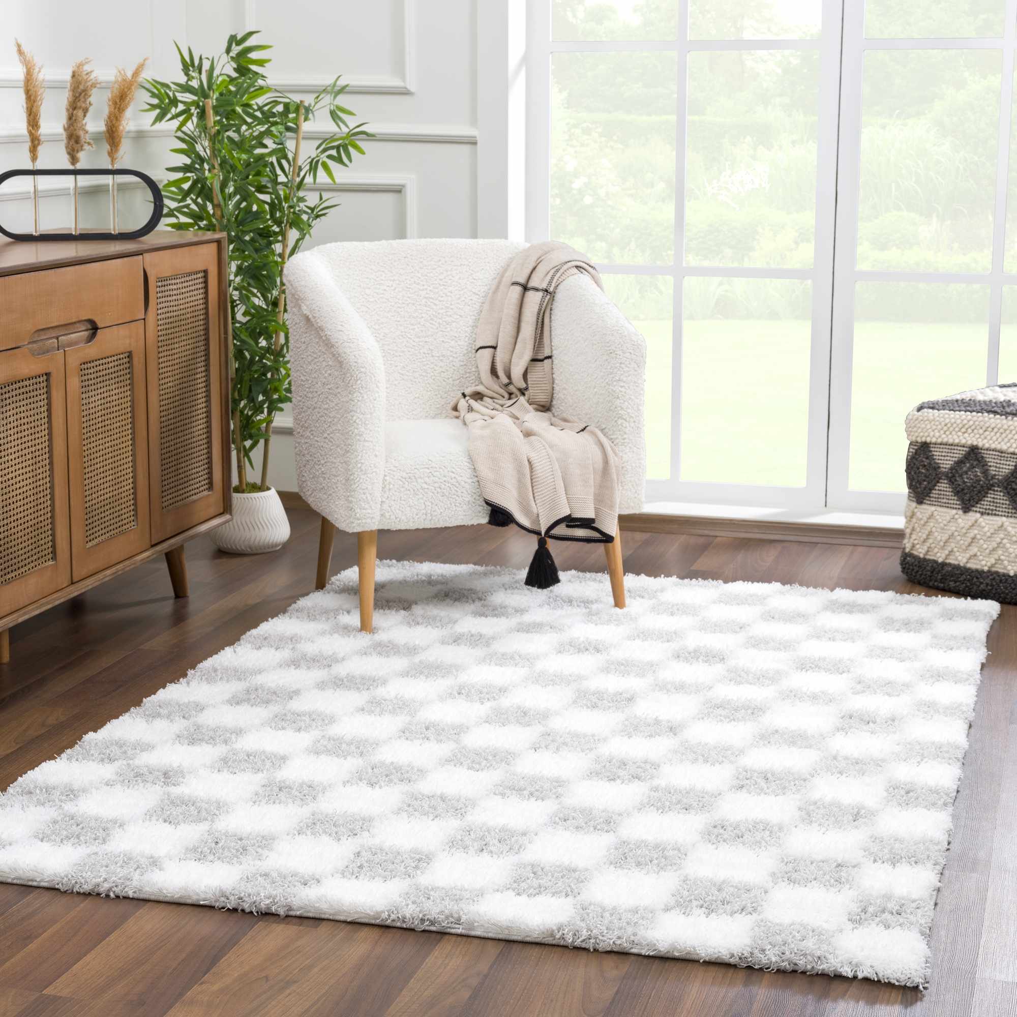 Bristol Area Rug  Gray Checkered  Plush Pile, Contemporary Style