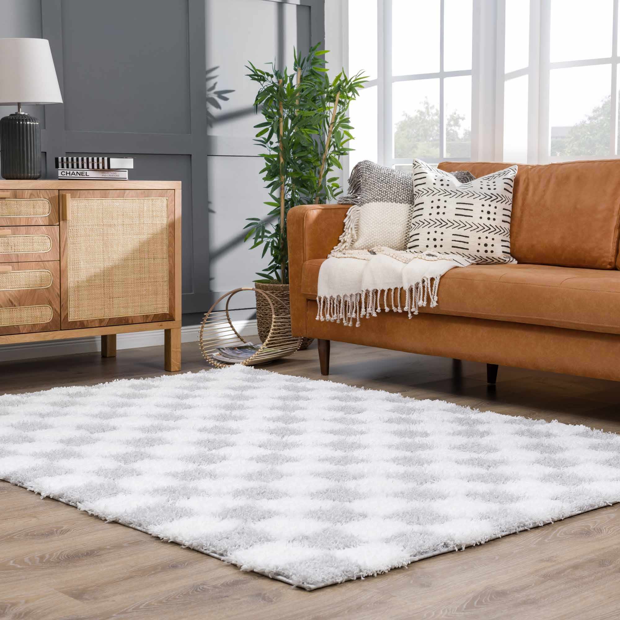 Bristol Area Rug  Gray Checkered  Plush Pile, Contemporary Style
