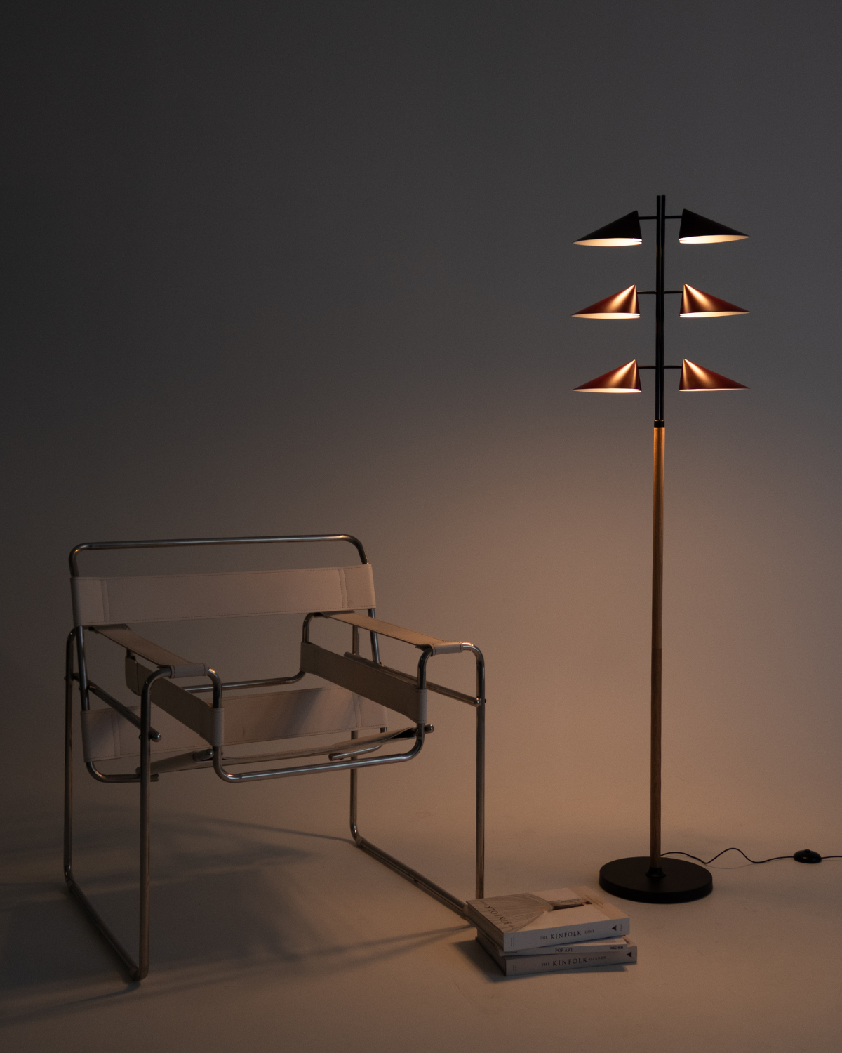 Ivo Vintage Floor Lamp | Burgundy Shades, Maple Wood Stem