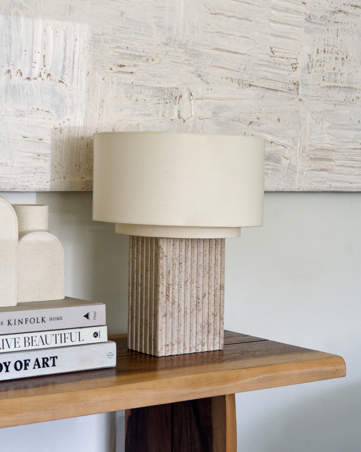 Aurelia Table Lamp | Fluted Travertine Base, Linen Shade
