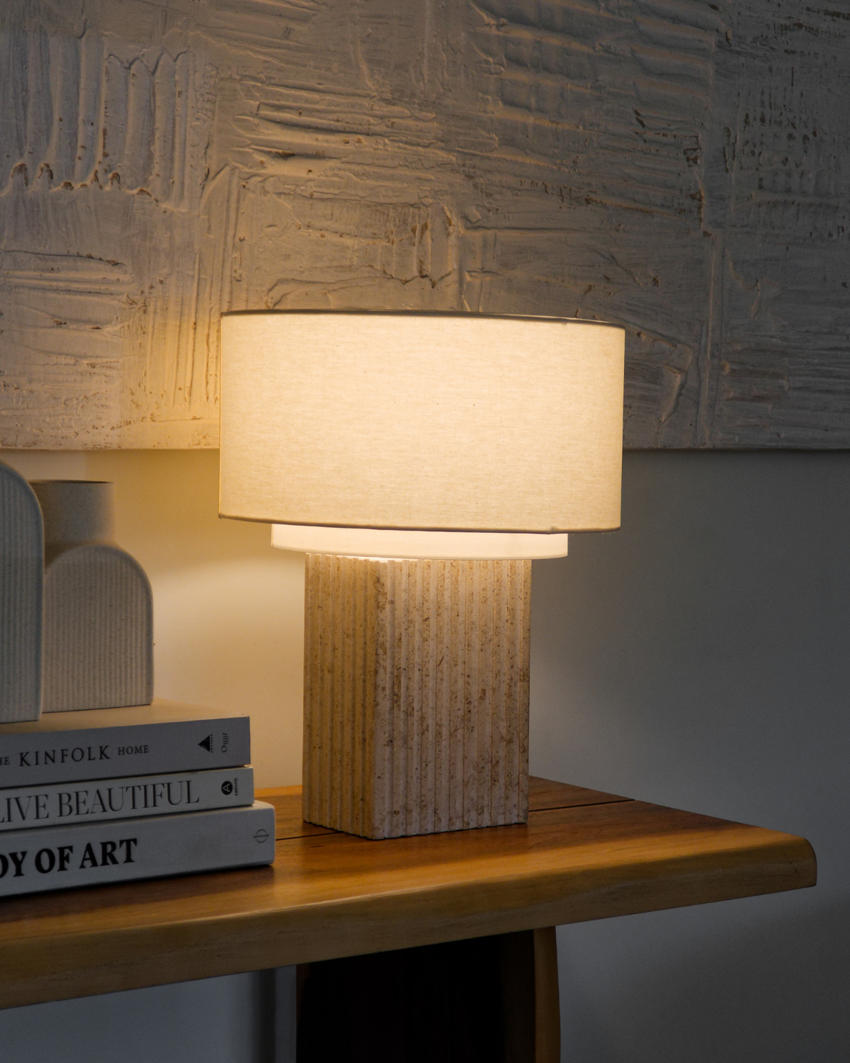 Aurelia Table Lamp | Fluted Travertine Base, Linen Shade