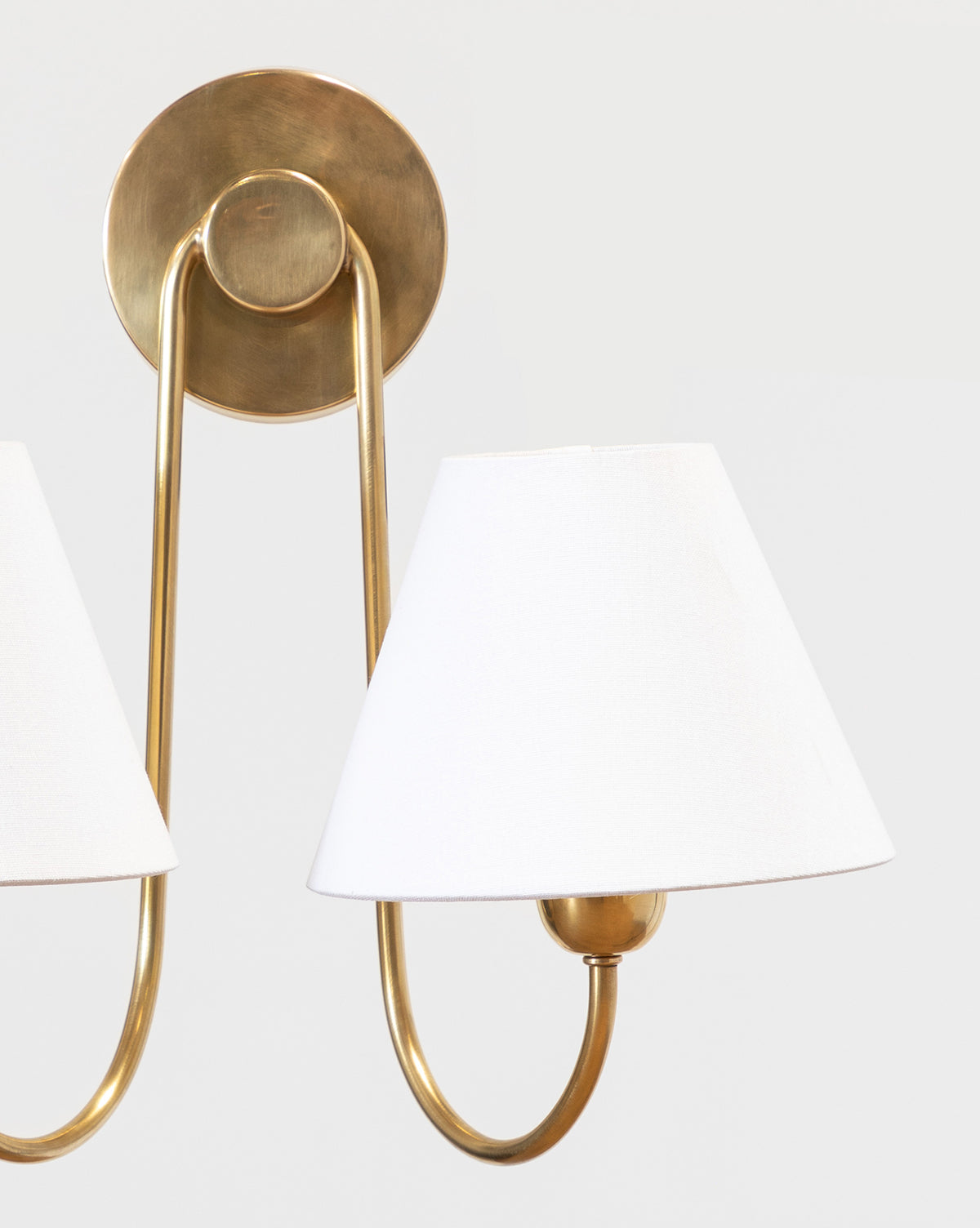 Bramble Double Swoop Sconce  Brass Body, Linen Shades