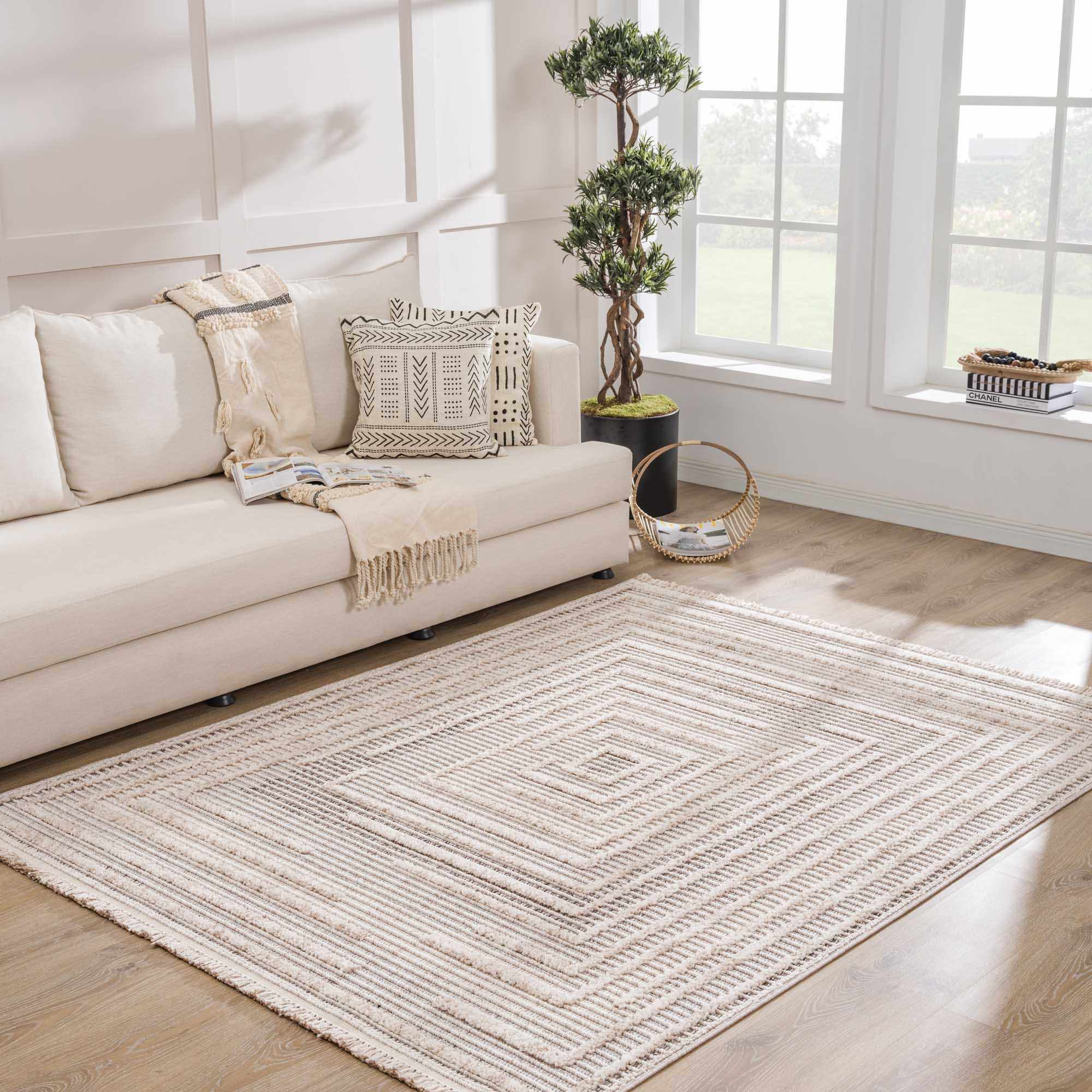 Lunara Area Rug  High Pile  Machine Woven Polyester  Charcoal/Cream