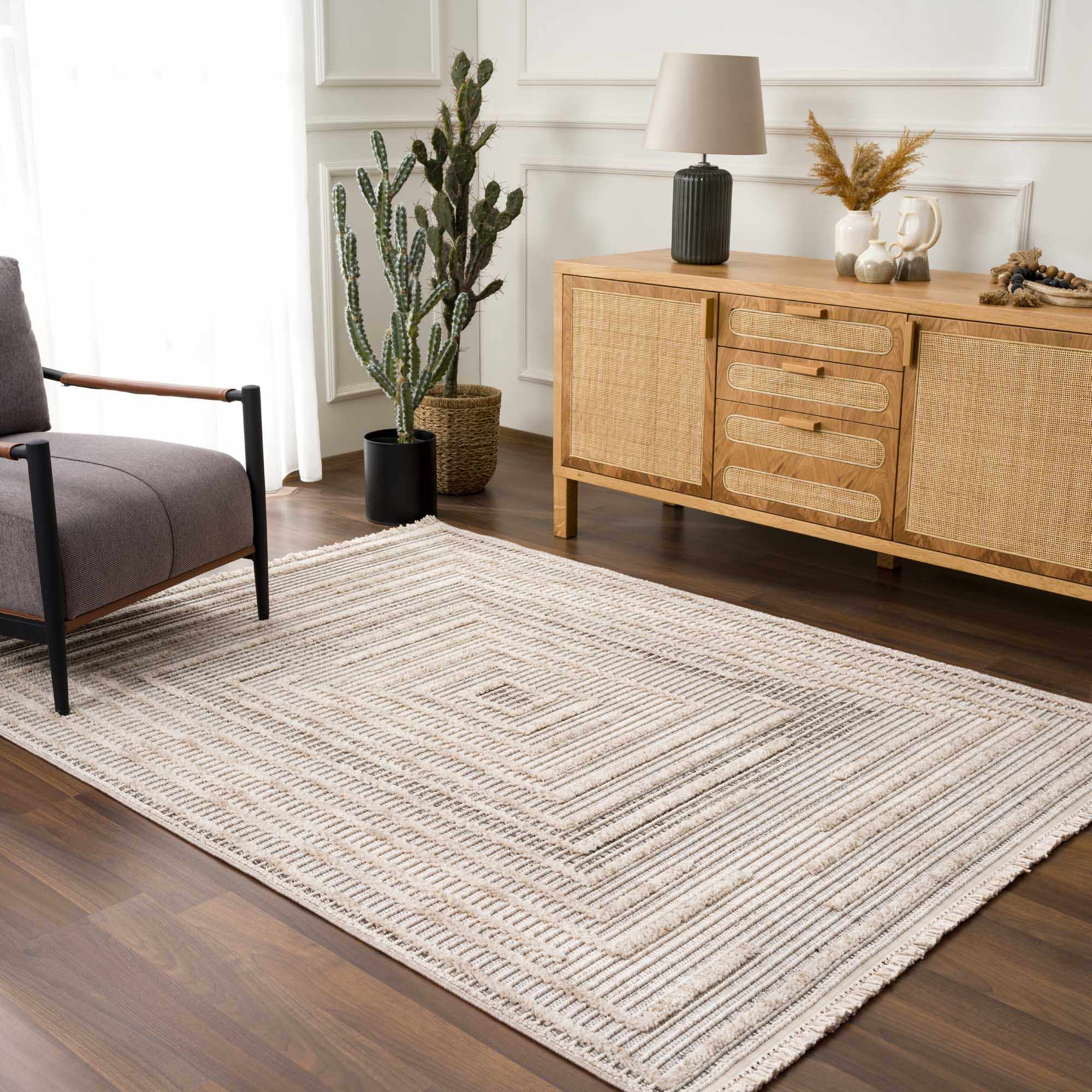Lunara Area Rug  High Pile  Machine Woven Polyester  Charcoal/Cream