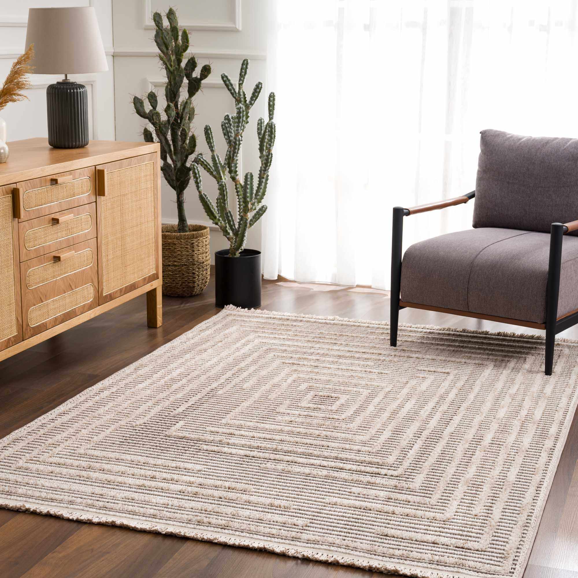 Lunara Area Rug  High Pile  Machine Woven Polyester  Charcoal/Cream