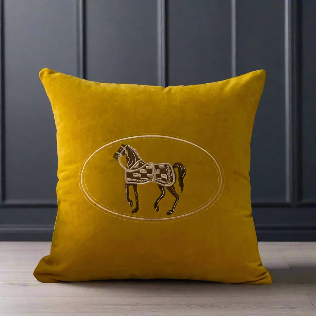 Bela Velvet Cushion Cover | Embroidered Horse Design, 45x45 cm