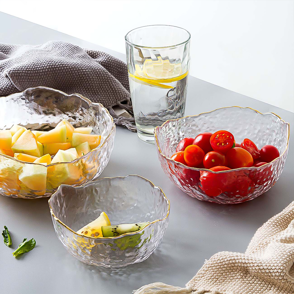 FrostBreeze Serving Bowls | Textured Glass, Gold Trim