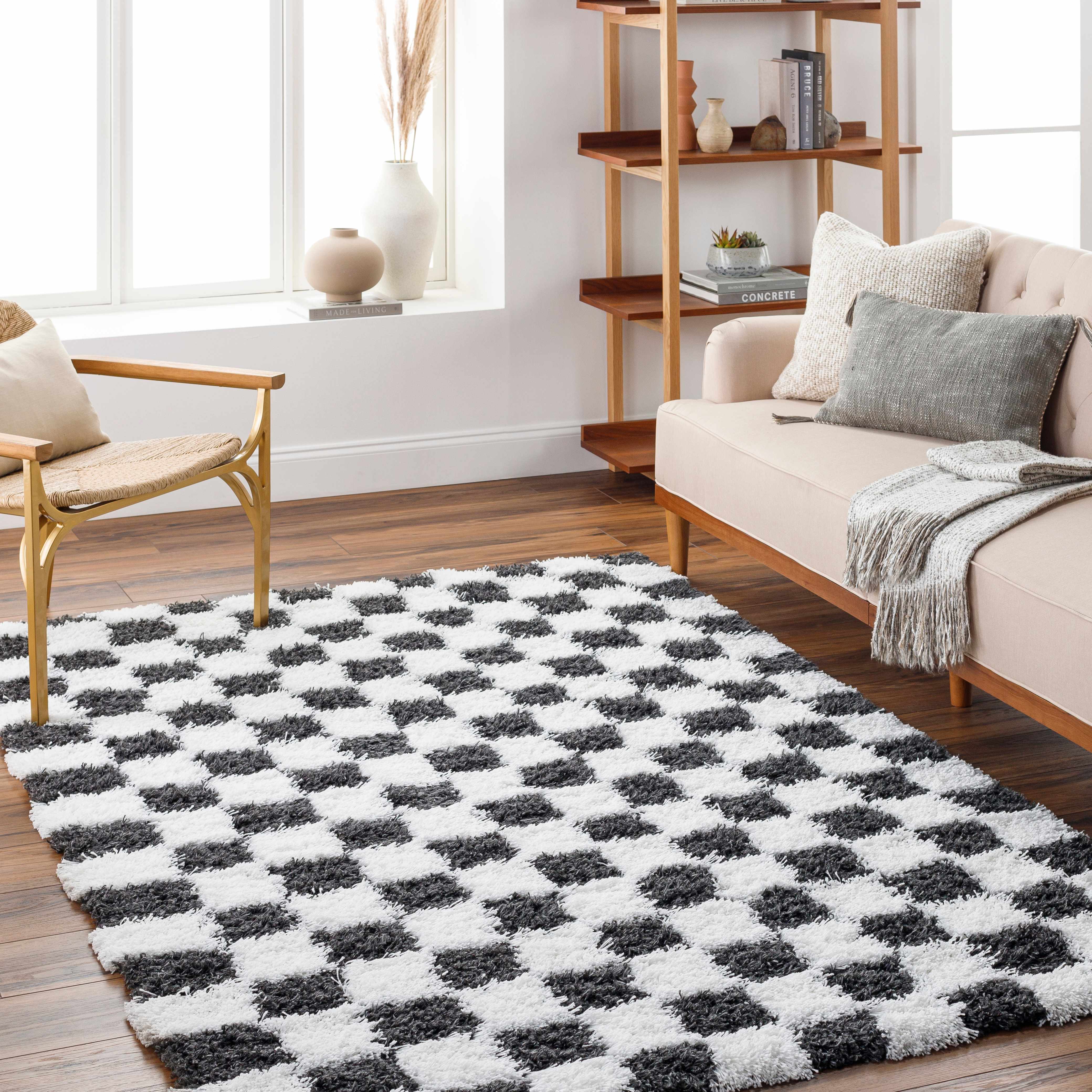 Bento Area Rug  Black & White Checkered  Plush Pile
