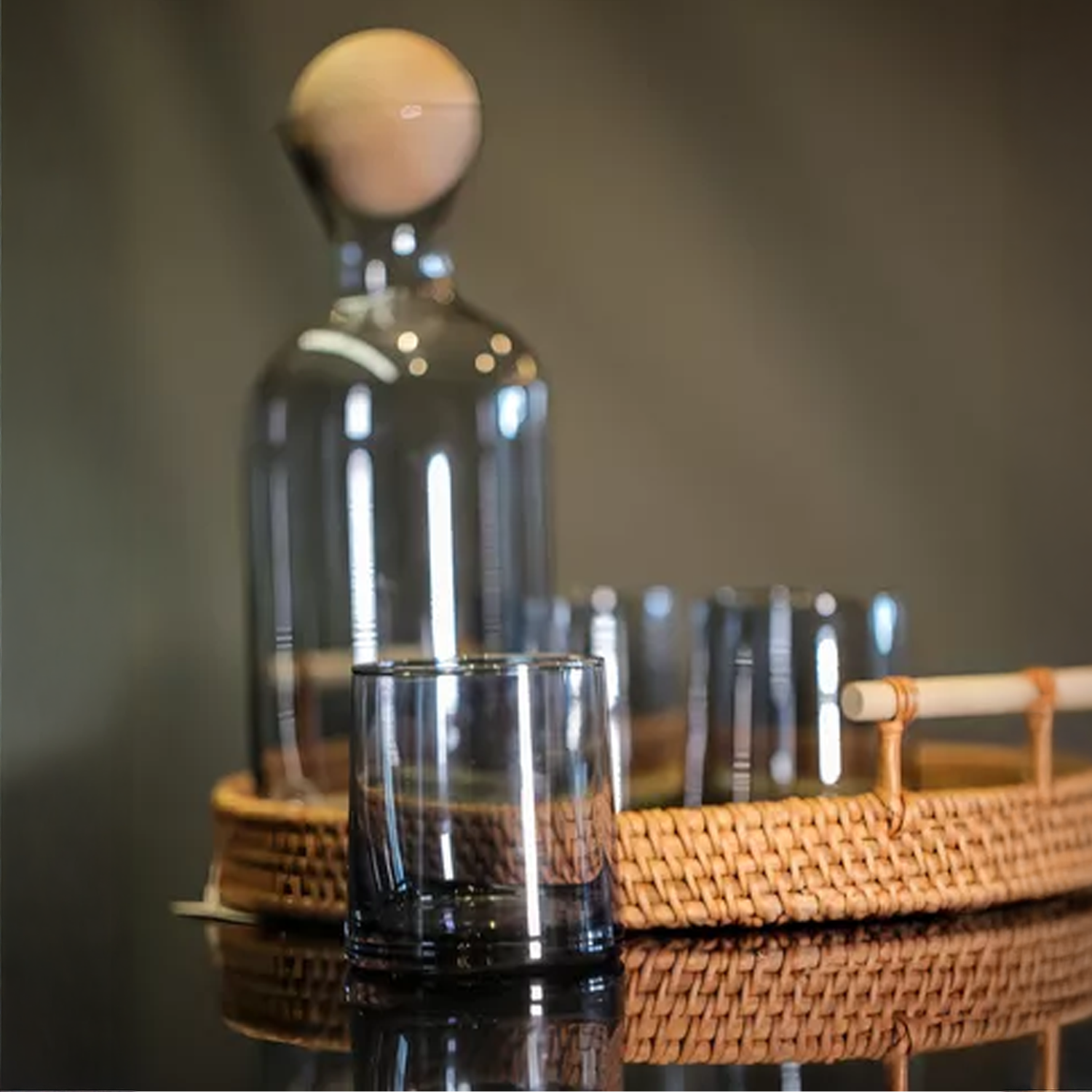 Bela Glass Decanter Set | Borosilicate Jug with 4 Grey Glasses