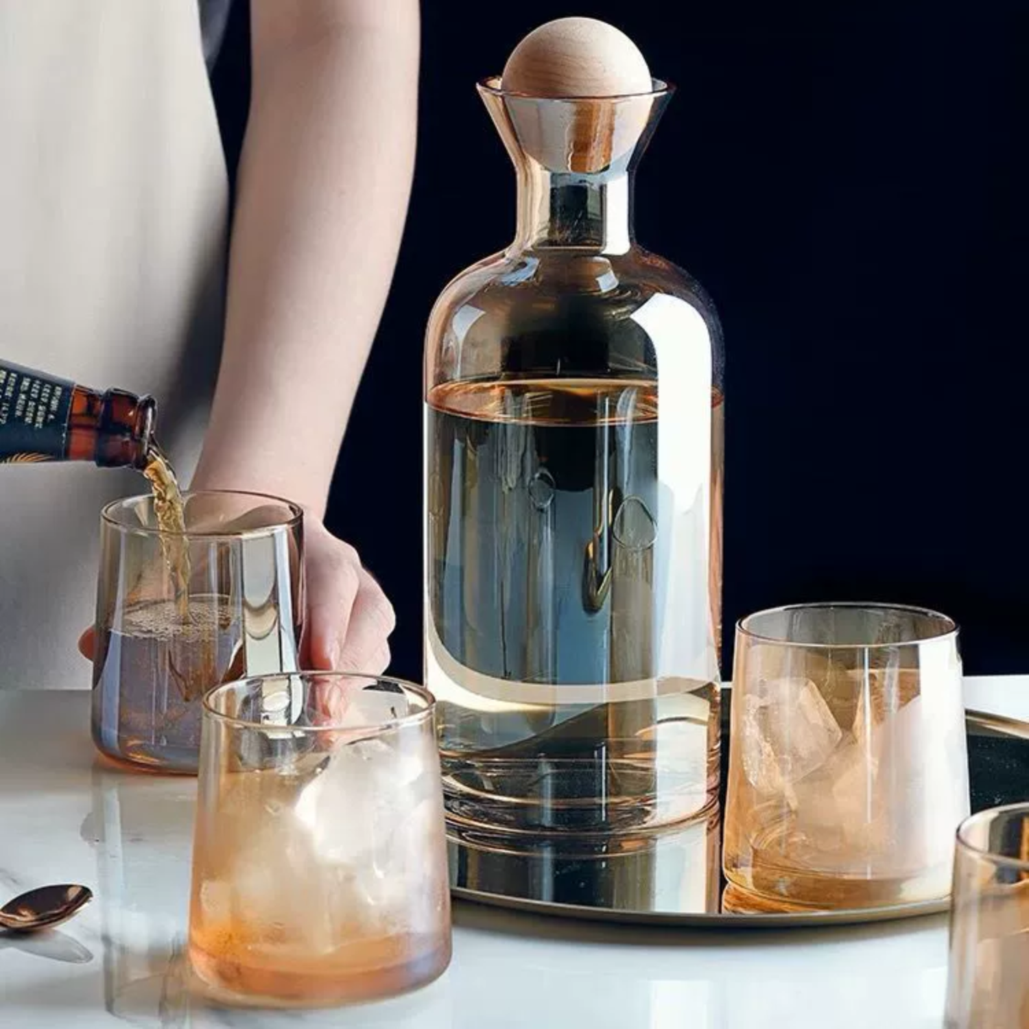 Bela Glass Decanter Set | Borosilicate with 4 Amber Whisky Glasses