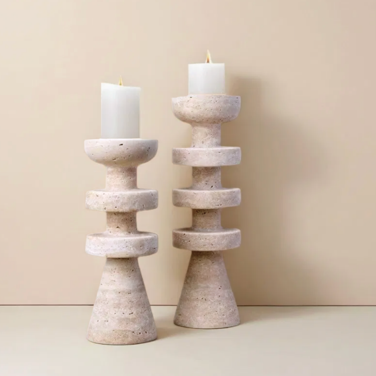 Alfi Candle Holder | Travertine Stone, Two-Tiered Design