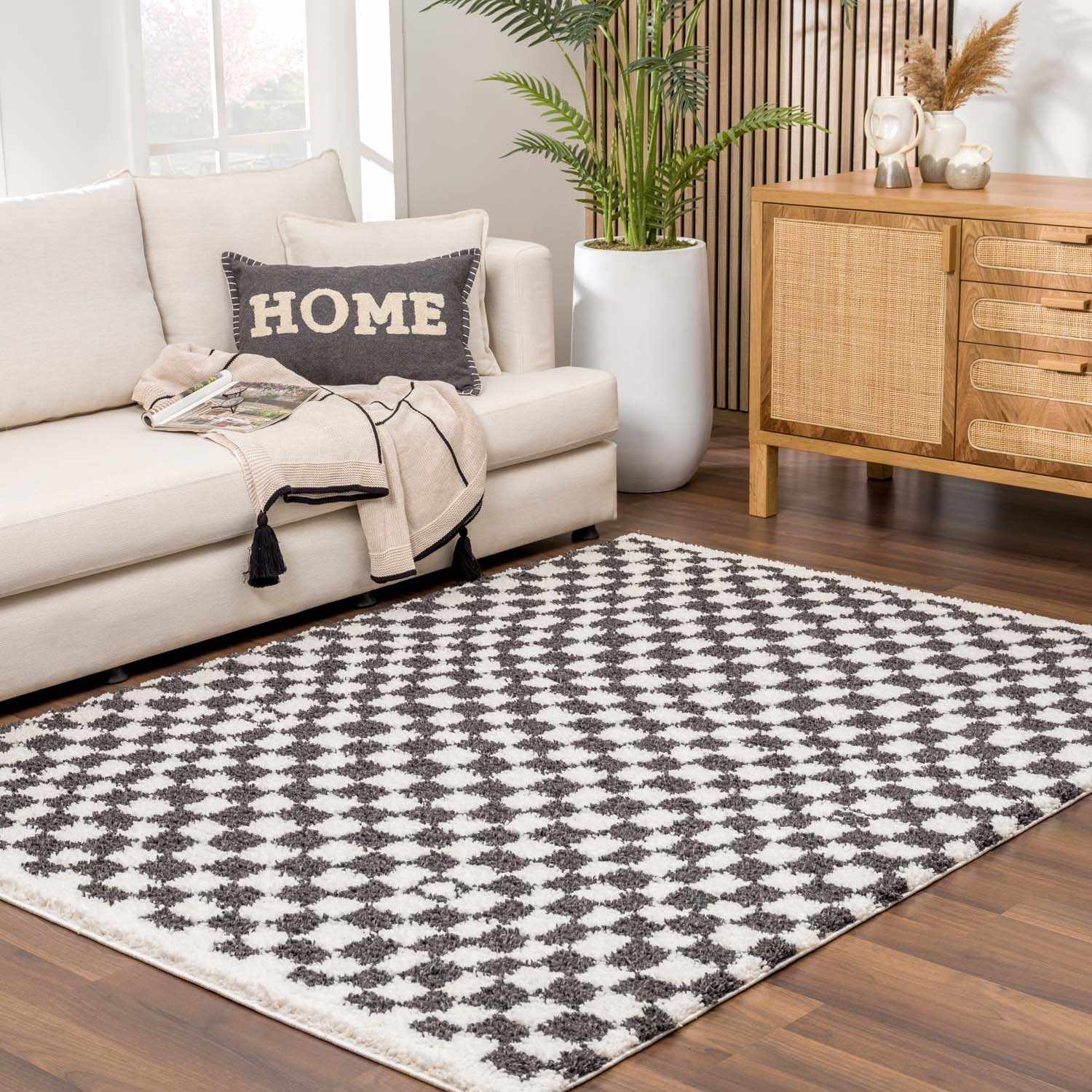 Kieu Checkered Shag Rug  Plush Pile, 100% Polyester, Gray/White