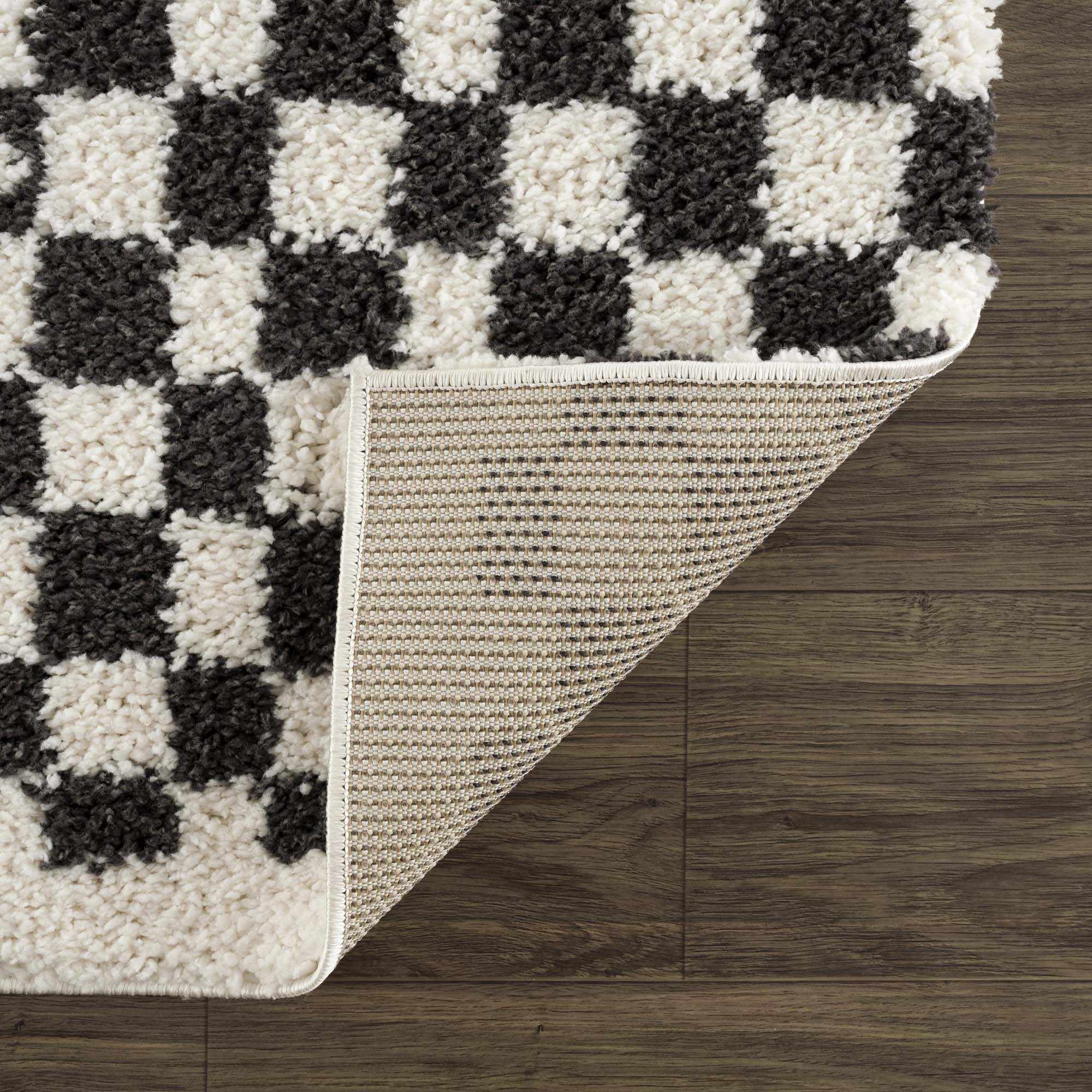 Kieu Checkered Shag Rug  Plush Pile, 100% Polyester, Gray/White