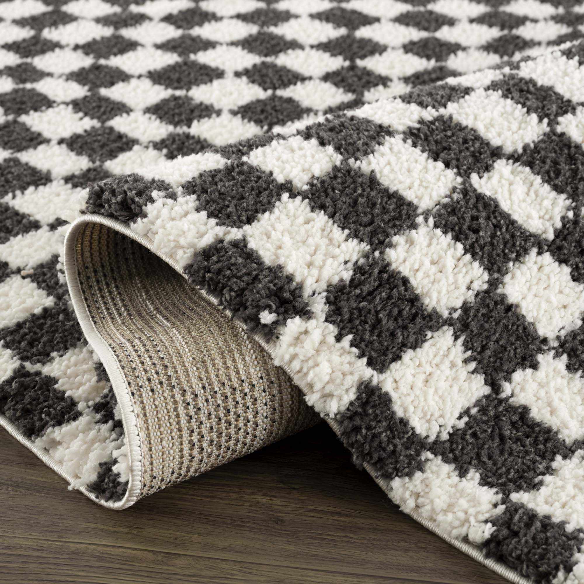 Kieu Checkered Shag Rug  Plush Pile, 100% Polyester, Gray/White