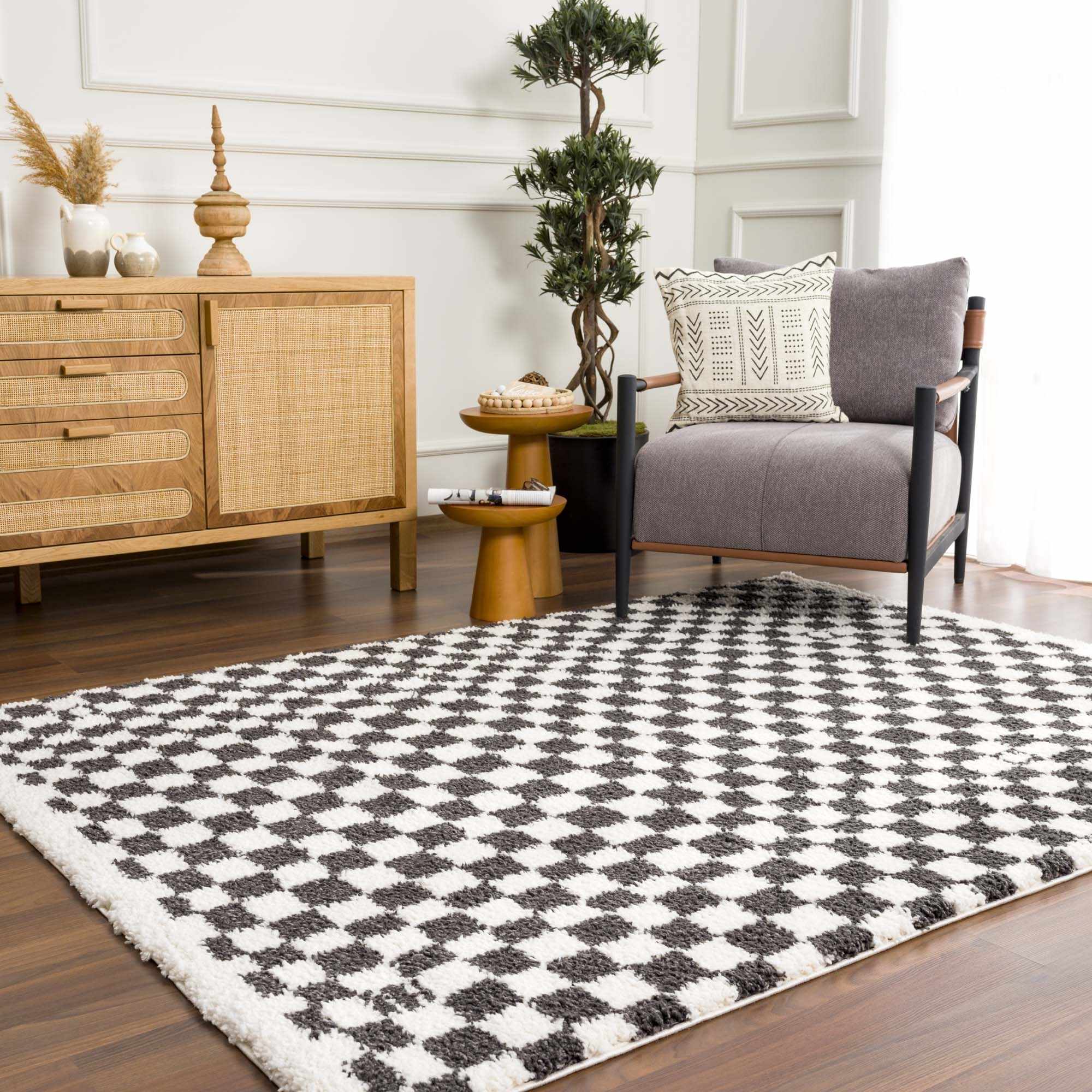 Kieu Checkered Shag Rug  Plush Pile, 100% Polyester, Gray/White