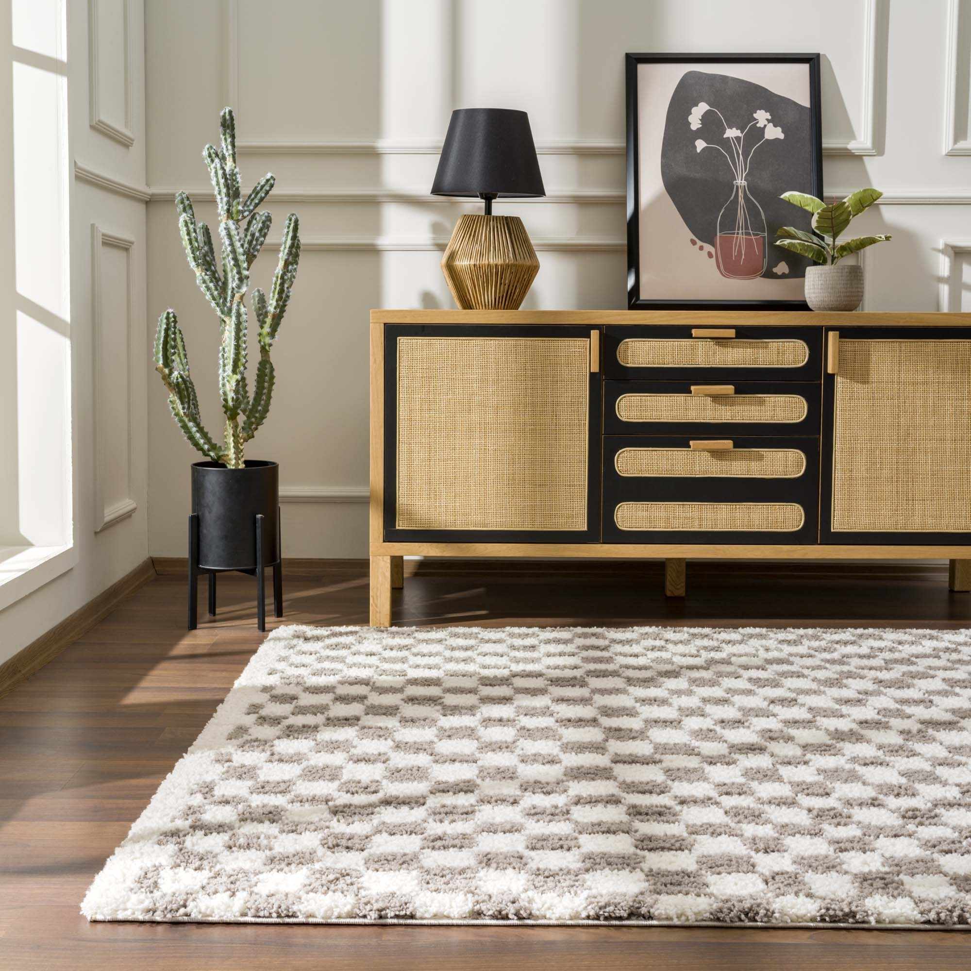 Kairo Checkered Plush Rug 100% Polyester Machine Woven