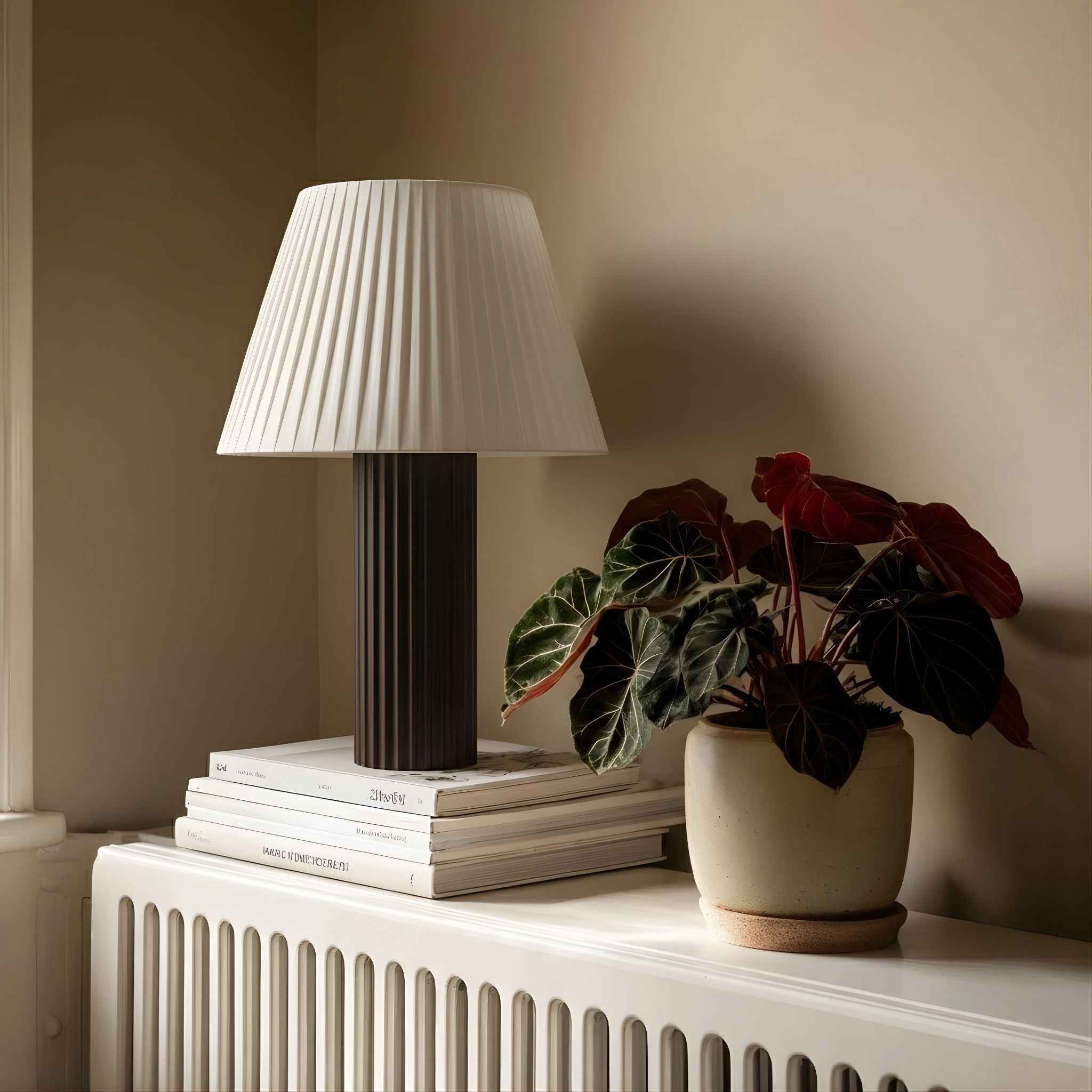 Bello Table Lamp | Dark Brown Ribbed Wood Base, Pleated Shade