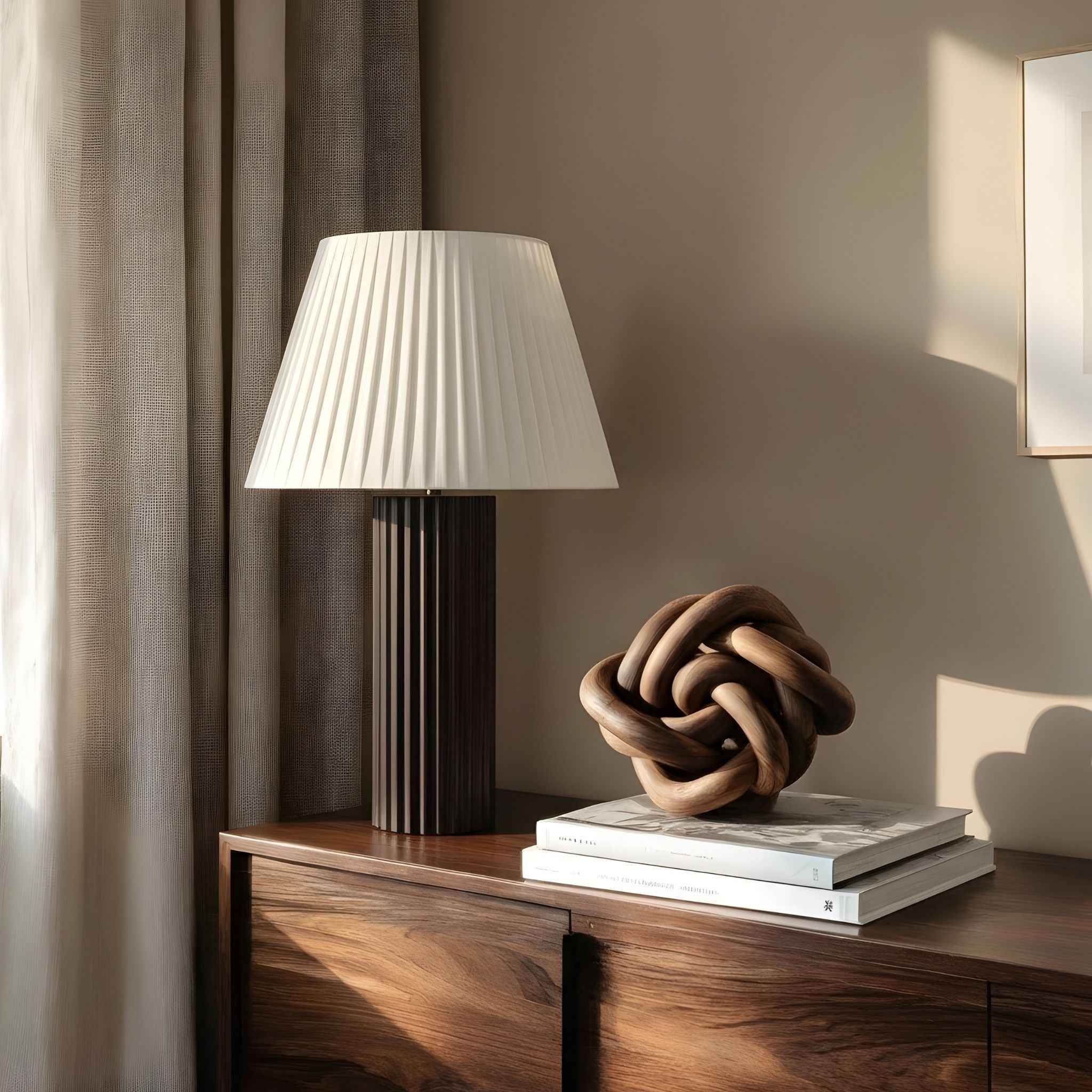 Bello Table Lamp | Dark Brown Ribbed Wood Base, Pleated Shade
