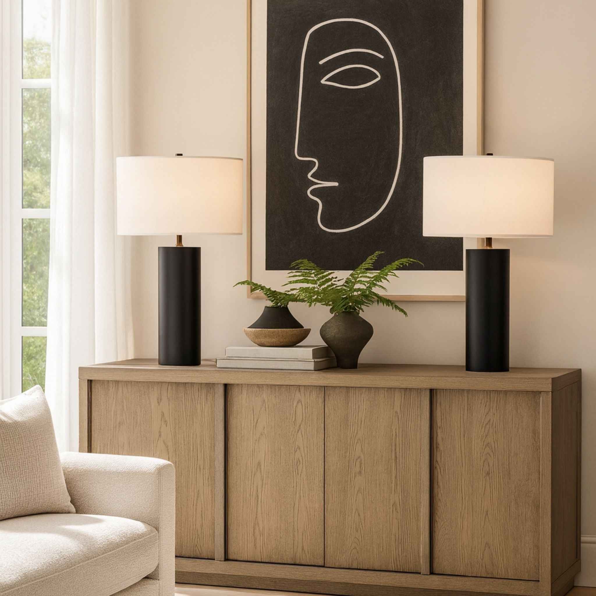 Atlas Table Lamp | Black Metal Base, White Fabric Shade
