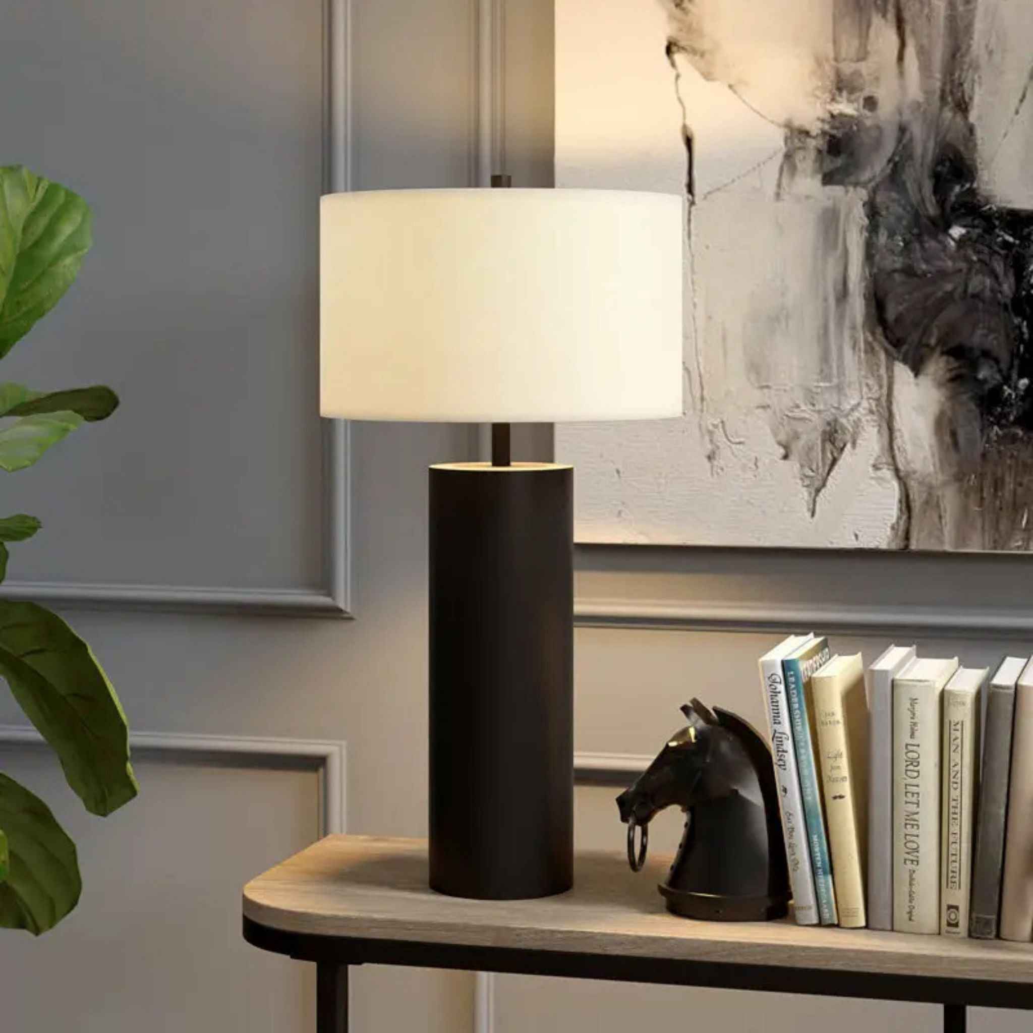 Astra Table Lamp | Black Metal Base, White Fabric Shade