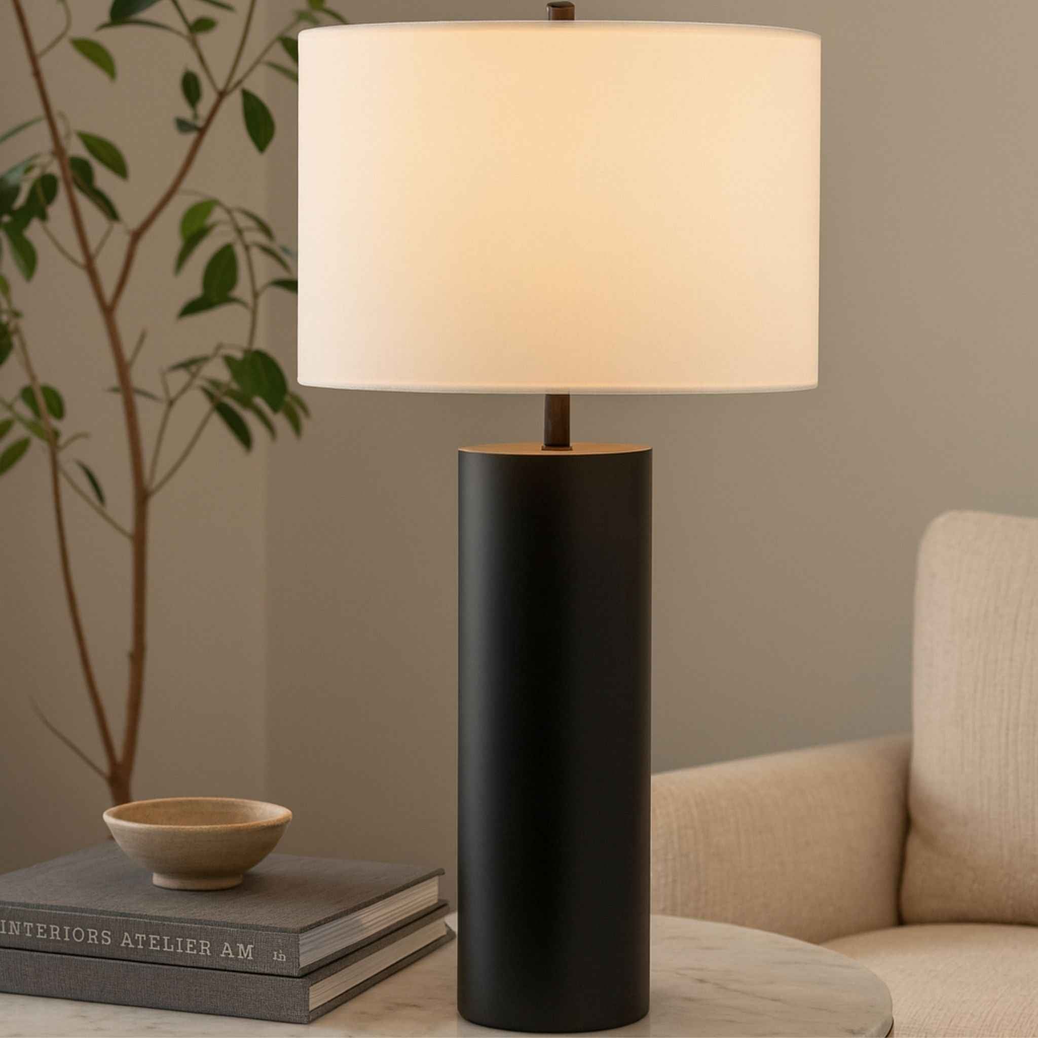Atlas Table Lamp | Black Metal Base, White Fabric Shade