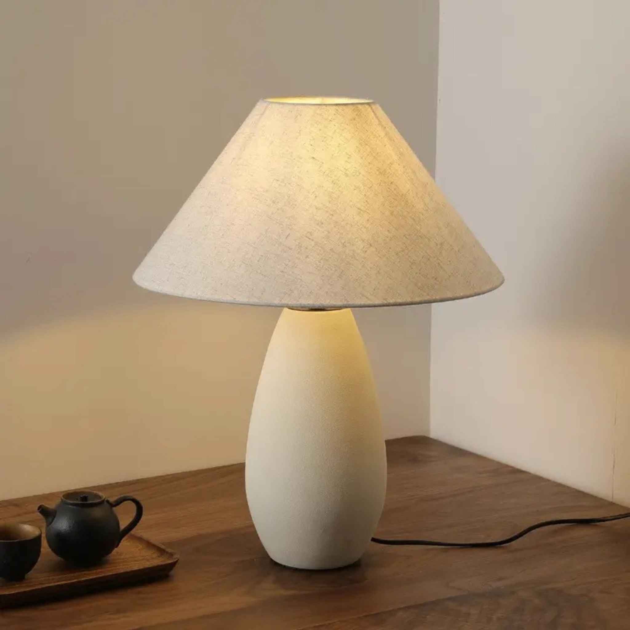 Emi Table Lamp | White Ceramic Base, Soft Textiles Shade