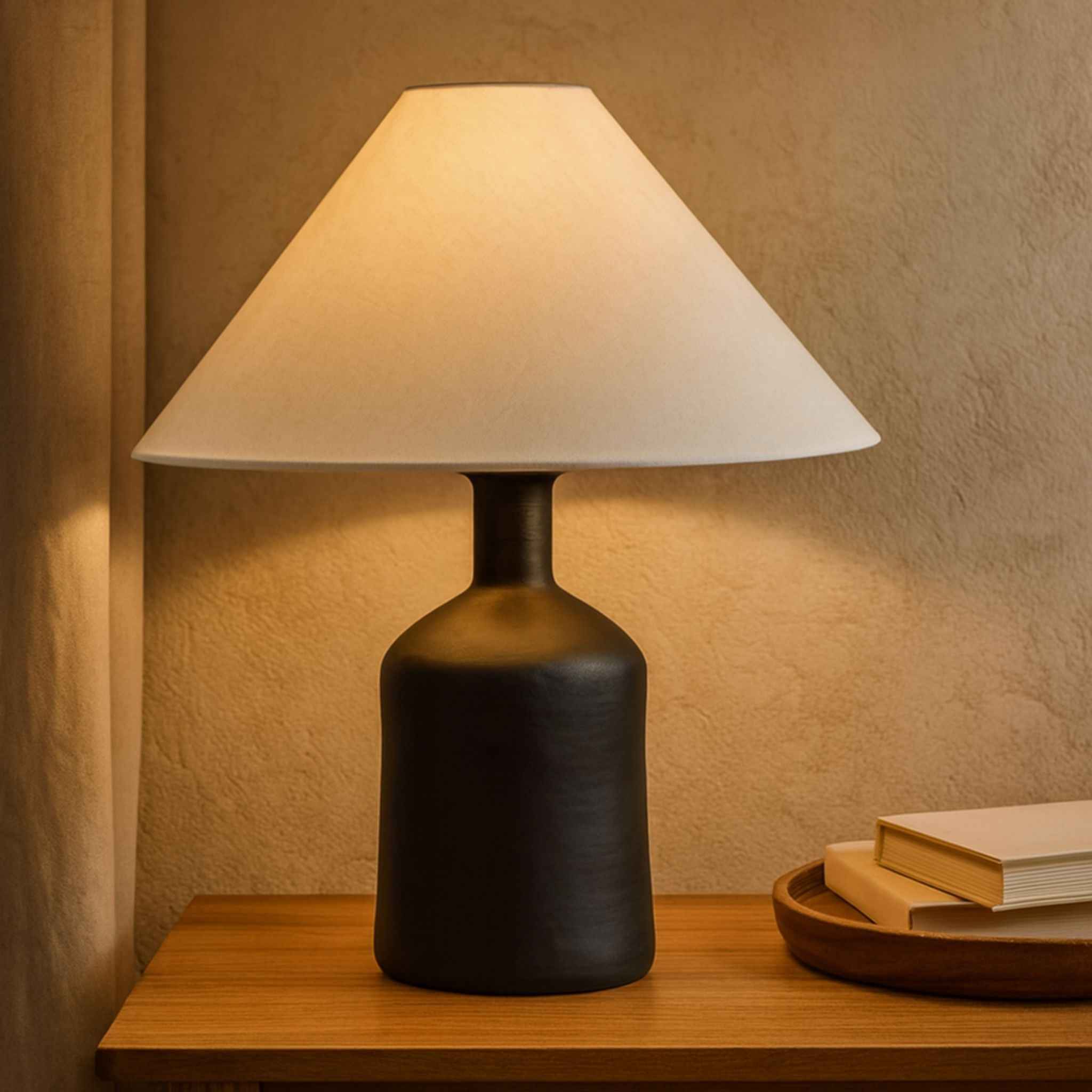 Bello Table Lamp | Black Ceramic Base, White Linen Shade