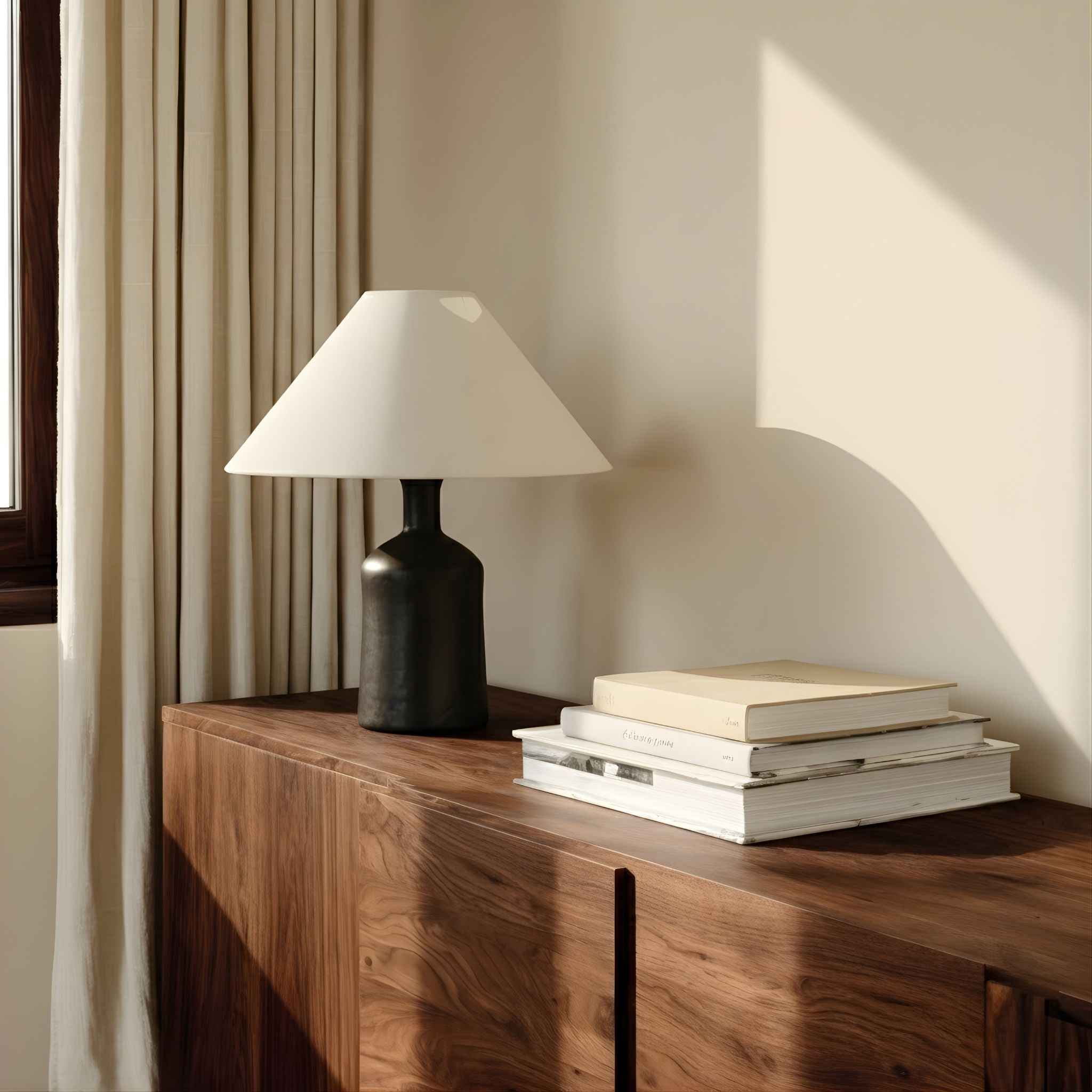 Bello Table Lamp | Black Ceramic Base, White Linen Shade