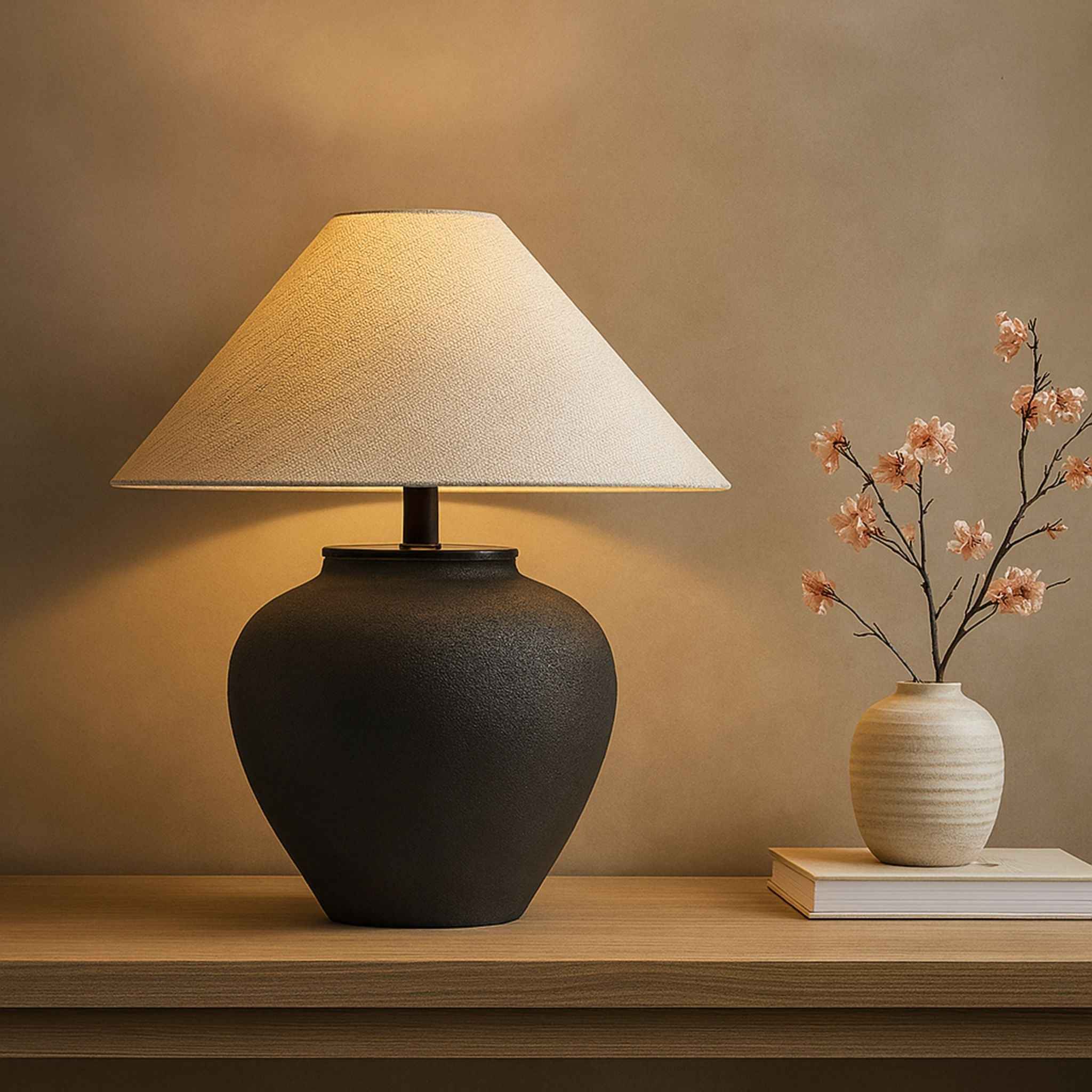 Bello Table Lamp | Black Ceramic Base, Beige Fabric Shade