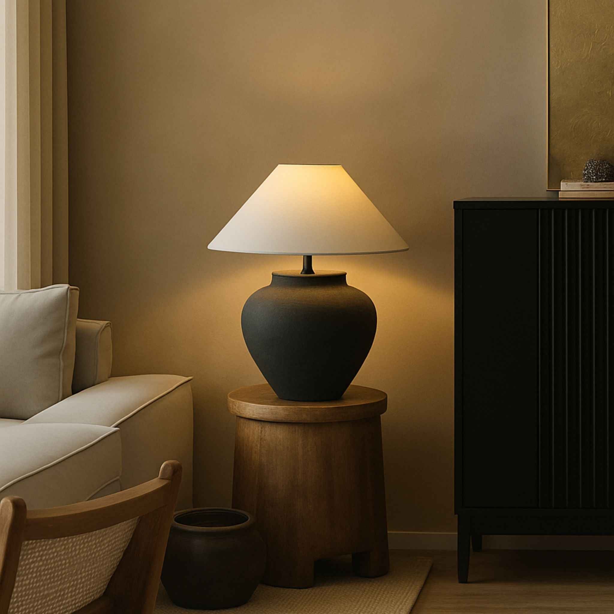 Nexa Table Lamp | Black Ceramic Base, Beige Fabric Shade