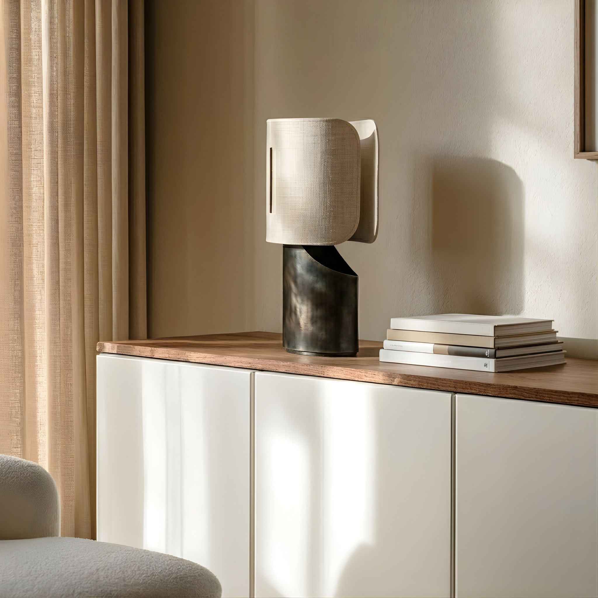 Bello Table Lamp | Graphic Metal Base, Beige Fabric Shade