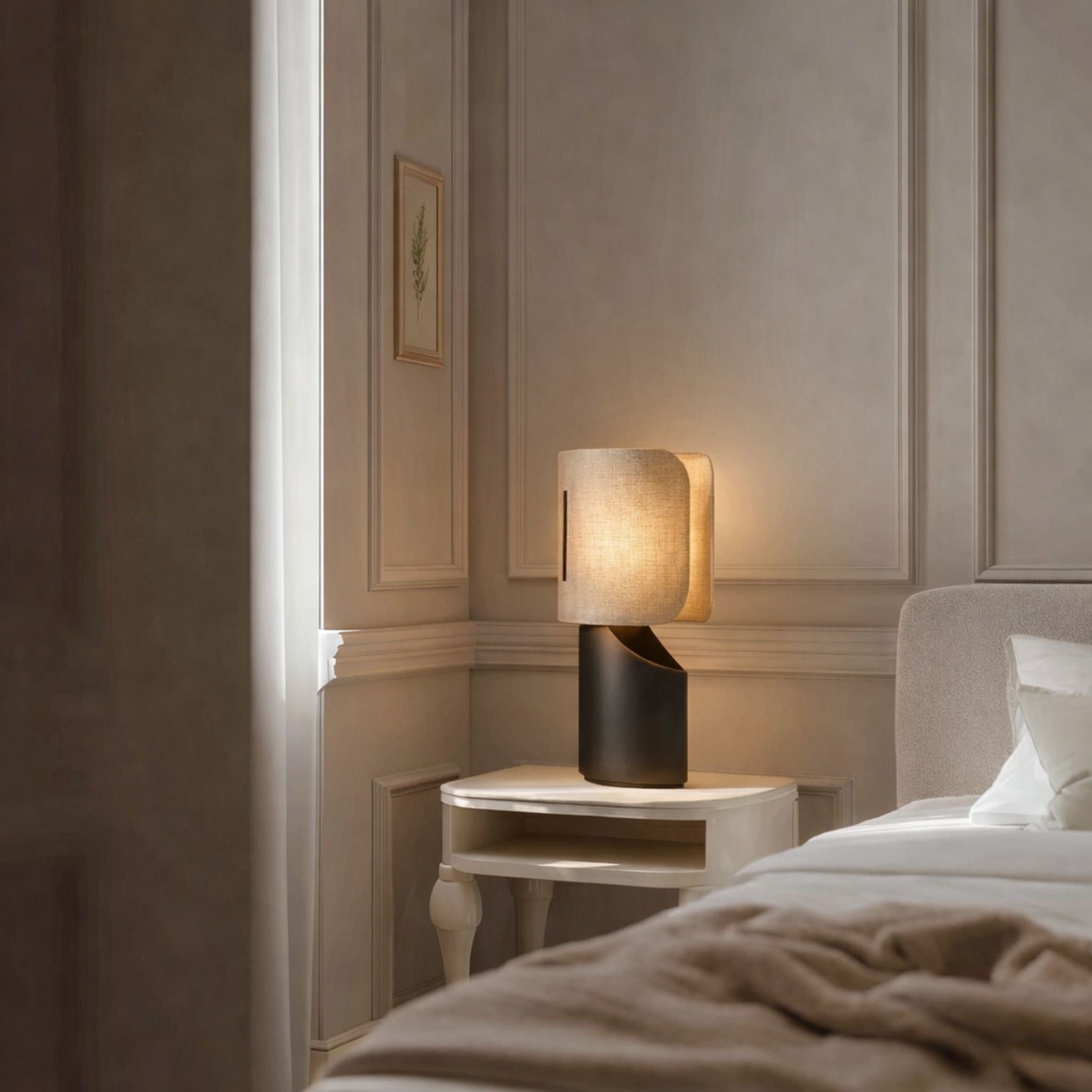 Bello Table Lamp | Graphic Metal Base, Beige Fabric Shade