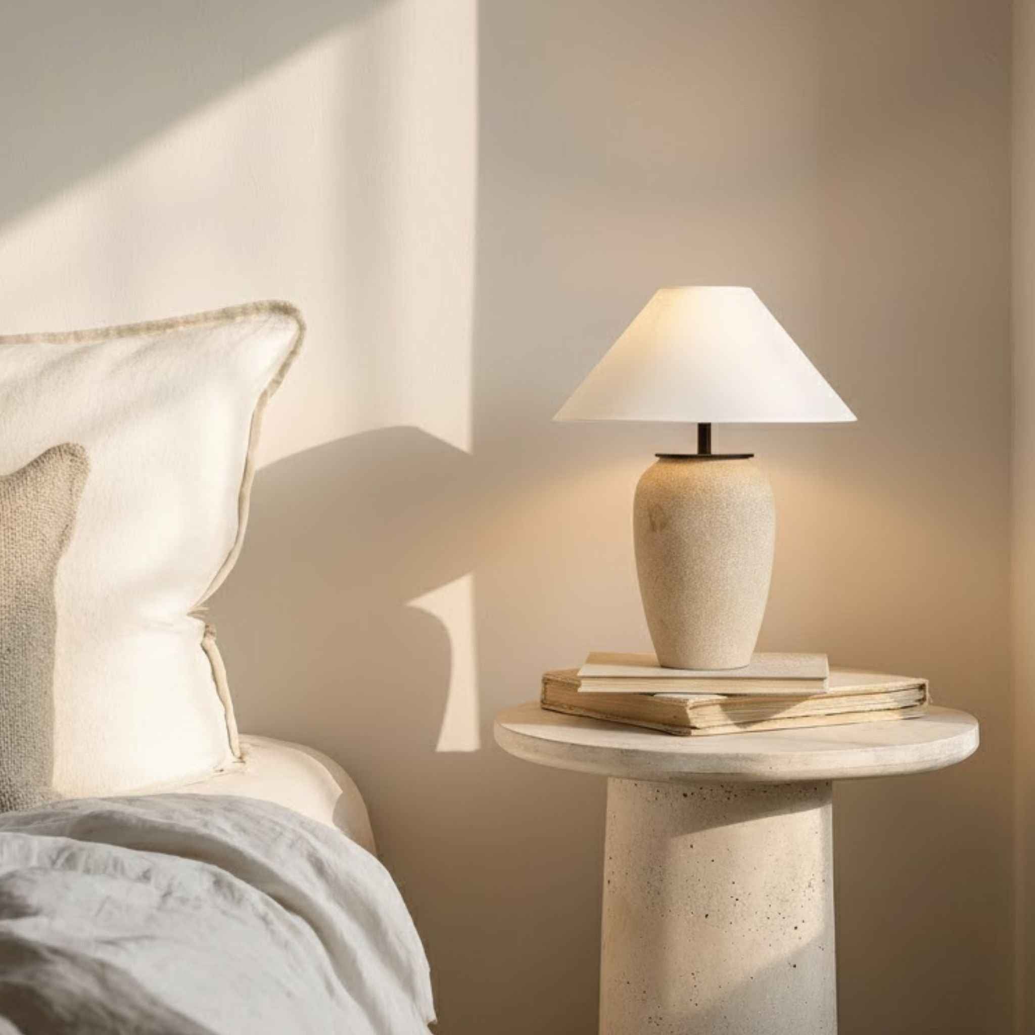 Bello Table Lamp | Ceramic Base in Gray-Beige with White Shade