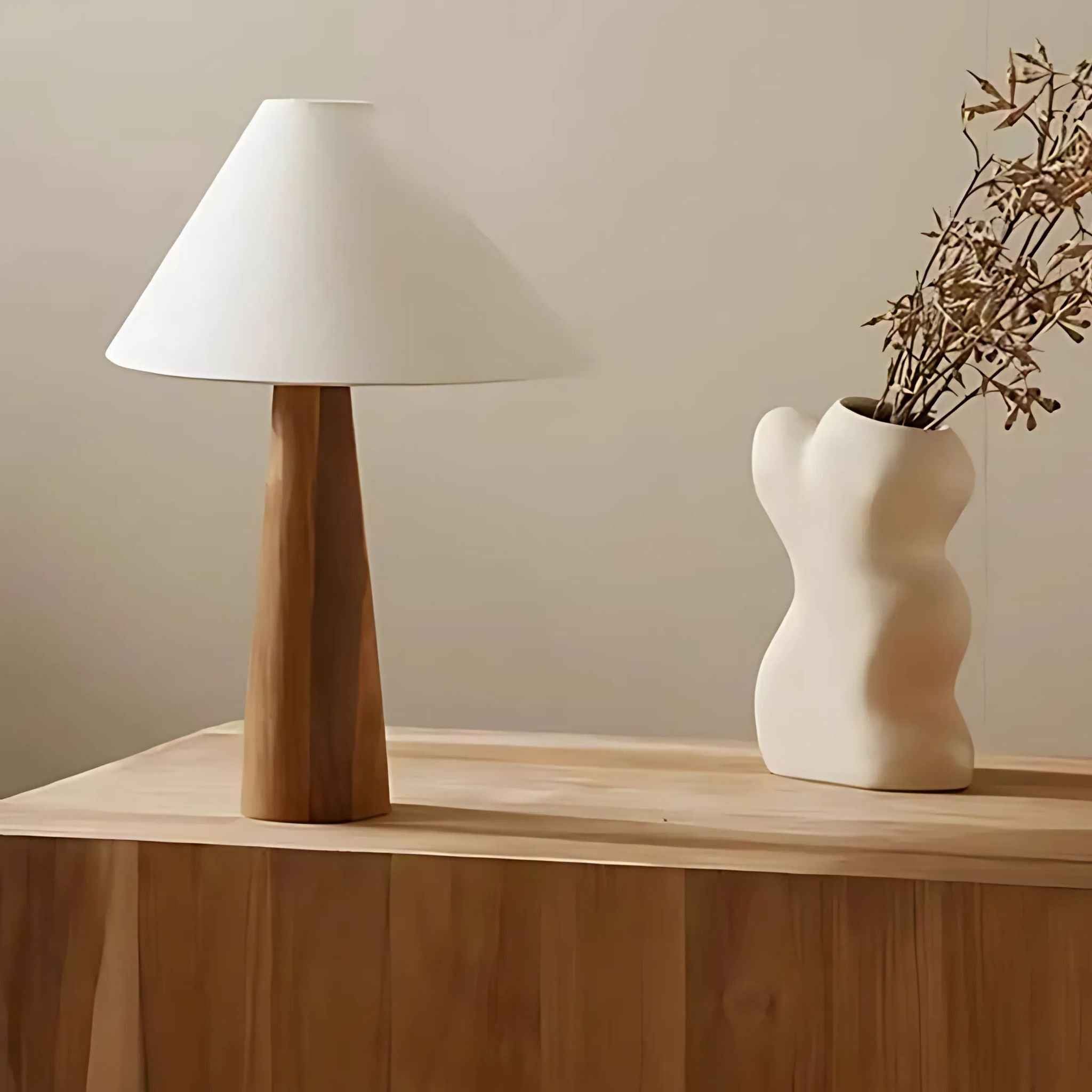 Bela Table Lamp | Wooden Base, Asymmetrical Fabric Shade