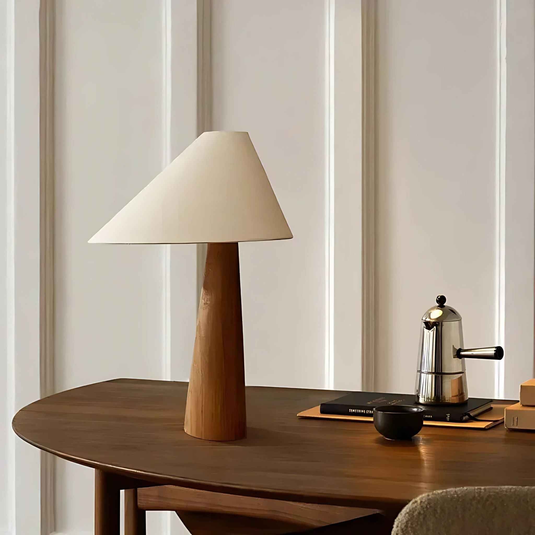 Belo Timber Table Lamp | Wooden Base, Asymmetrical Fabric Shade