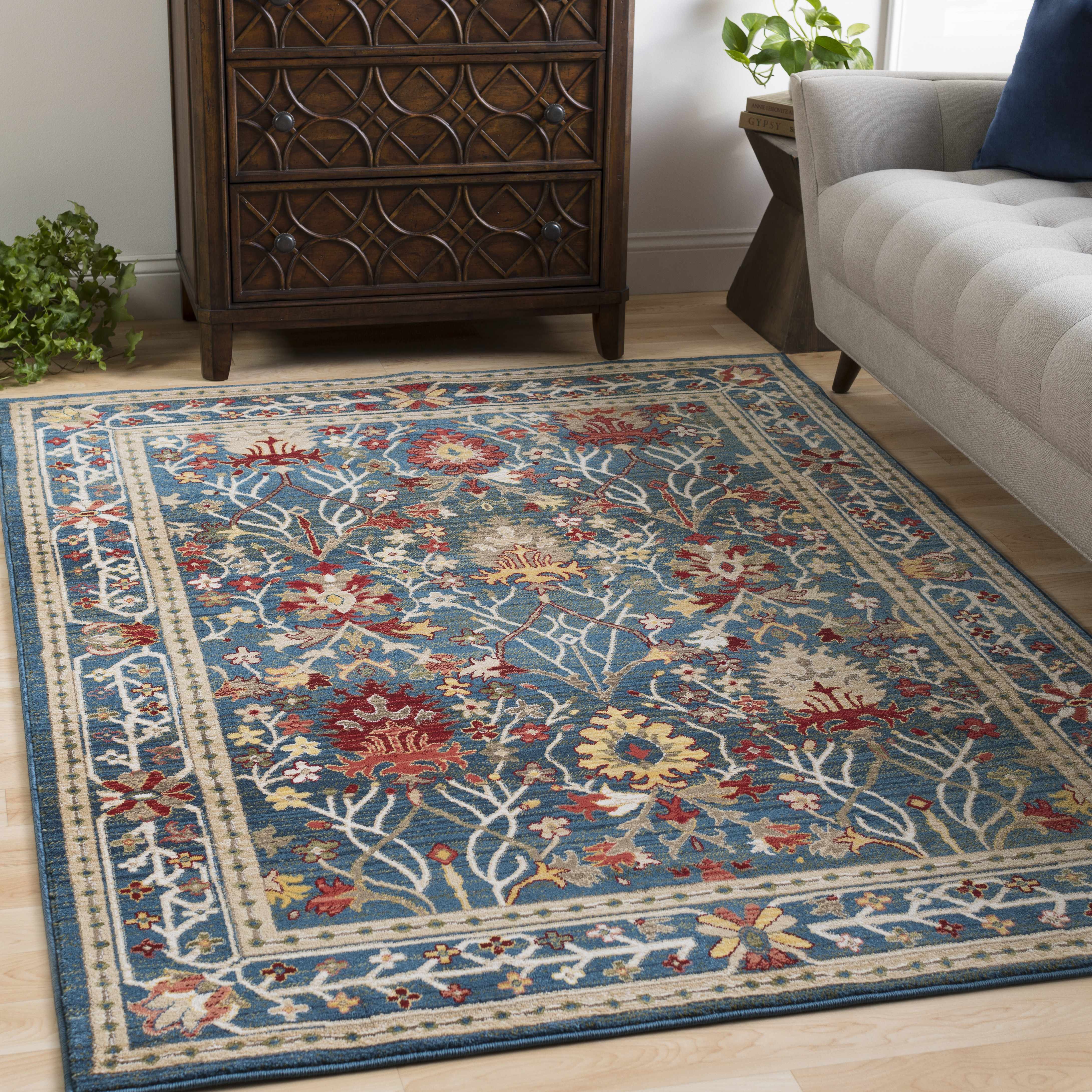 Brio Area Rug  Navy Blue Damask, Machine Woven Polypropylene