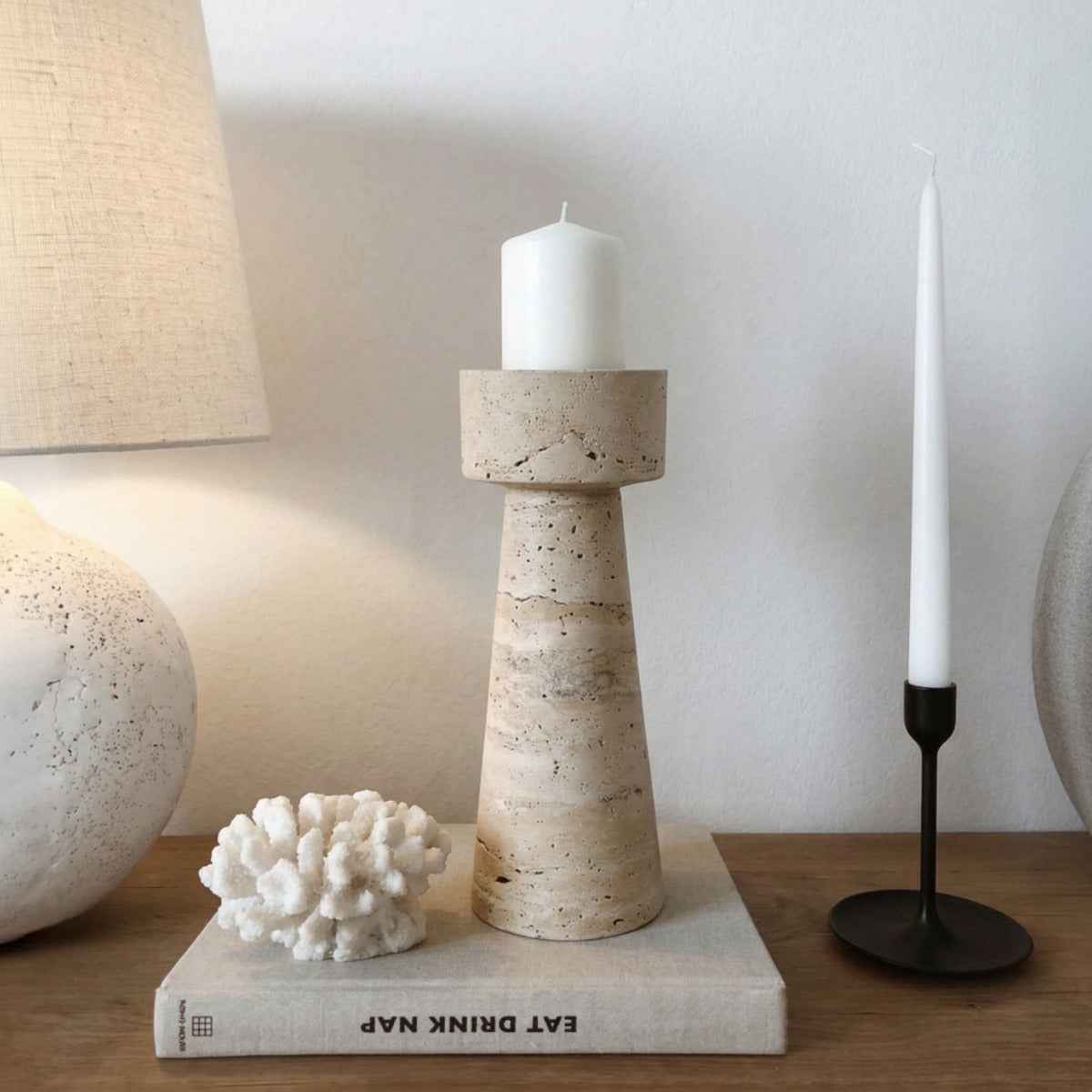 Bela Travertine Marble Candle Holder | Sculptural Design, 25 cm Height