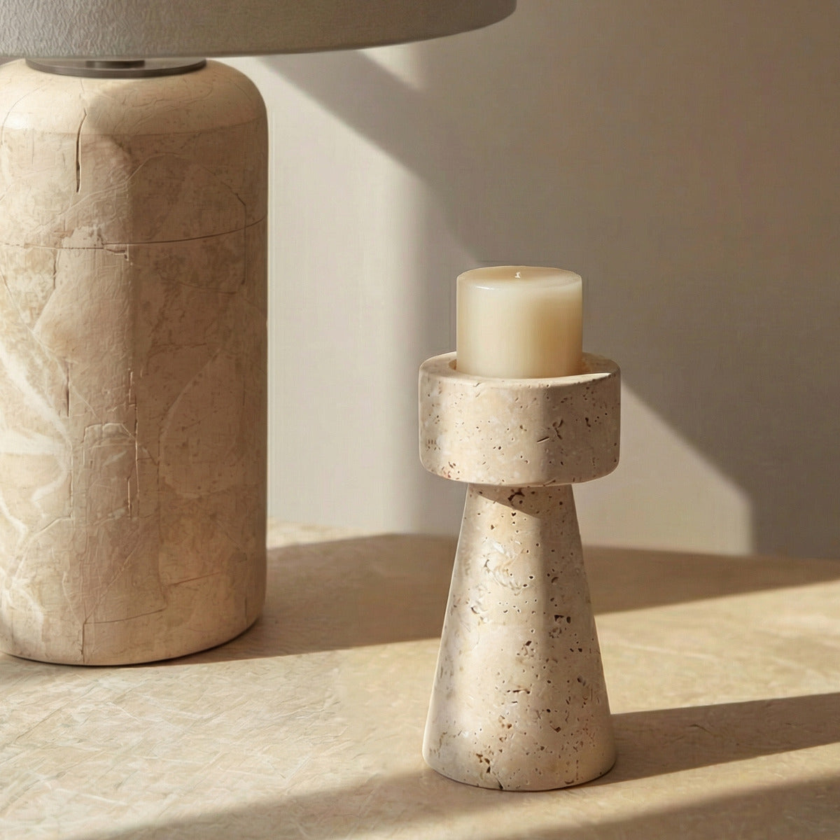 Bello Candle Holder Tower | Natural Travertine Marble, 20cm