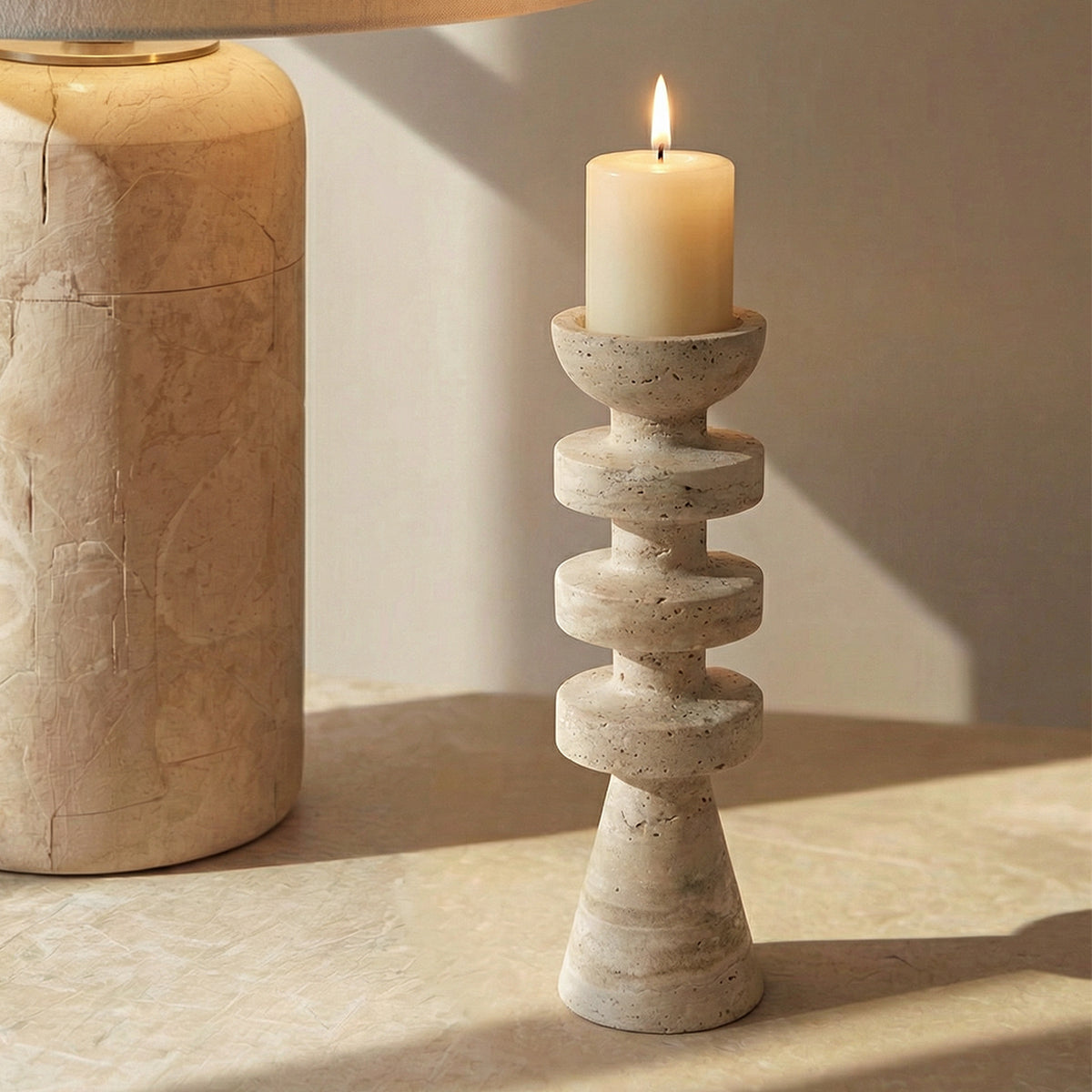 Alfil Candelabrum | Elegant Travertine Candle Holder