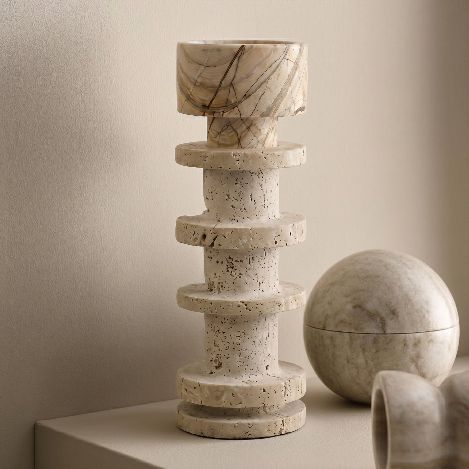 Bello Travertine Candelabrum | Five Rings, Natural Matte Finish